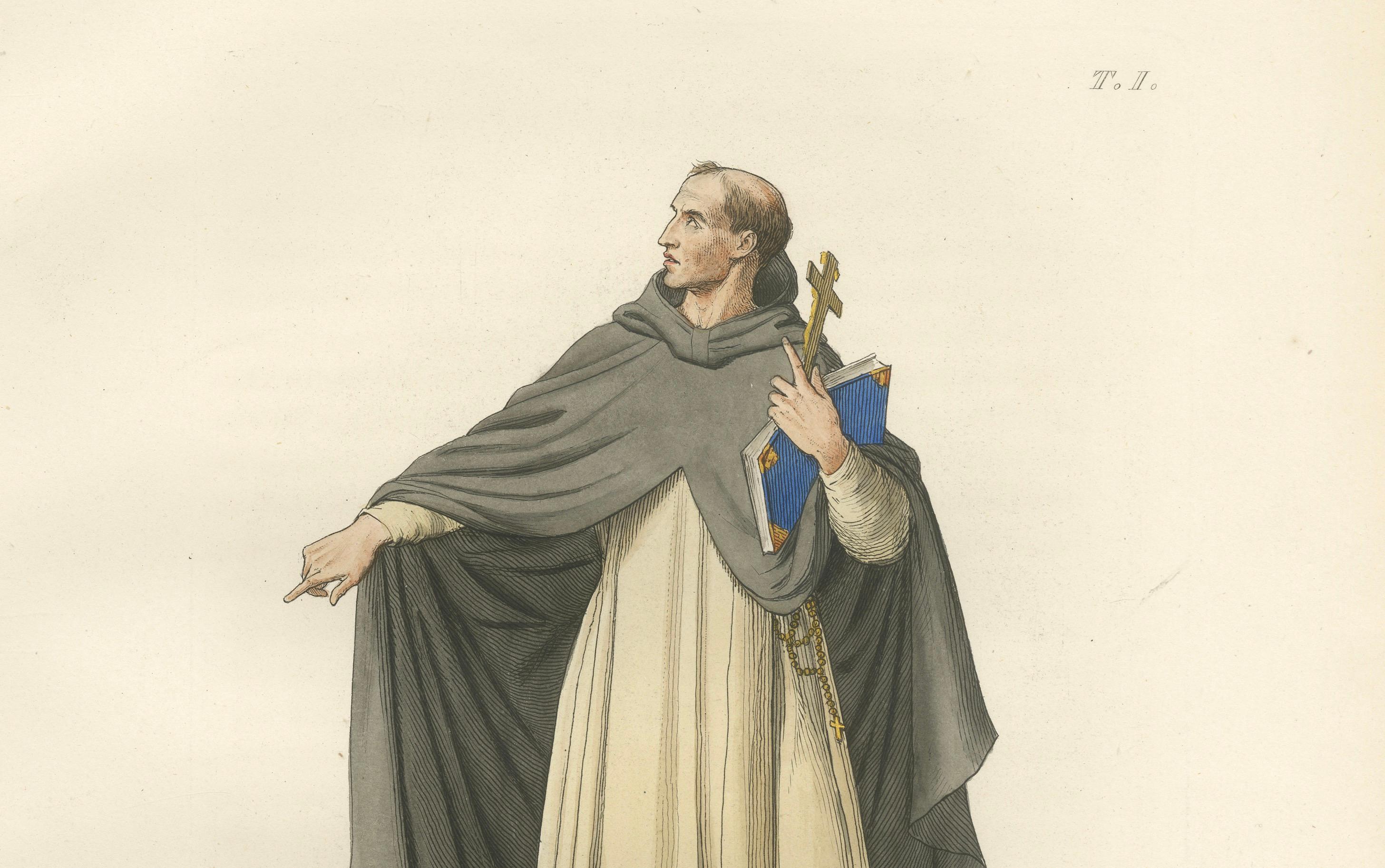 Fraile dominico del siglo XV - Grabado antiguo sobre traje, publicado en 1845 siglo XIX en venta