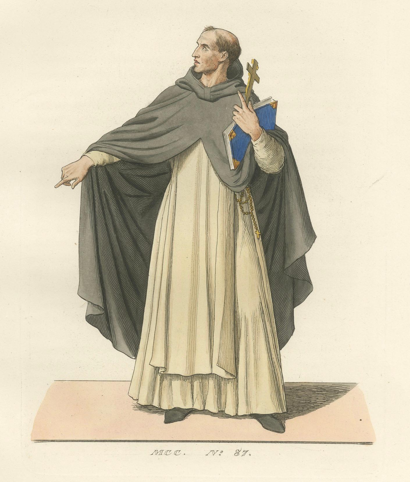 Fraile dominico del siglo XV - Grabado antiguo sobre traje, publicado en 1845 Papel en venta
