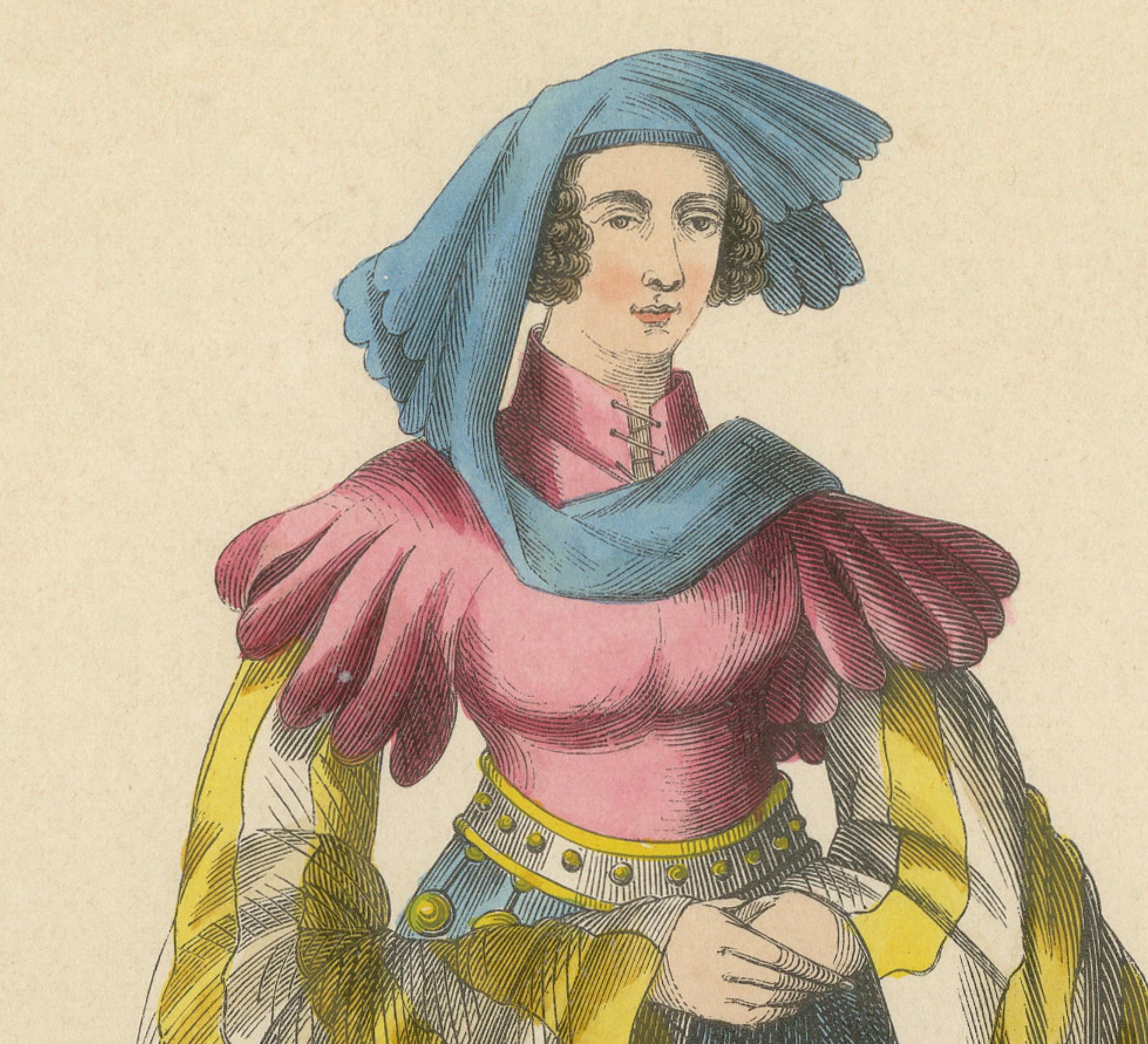 Eleganza del XV secolo: Dama di corte, incisa e pubblicata nel 1847 In condizioni buone in vendita a Langweer, NL