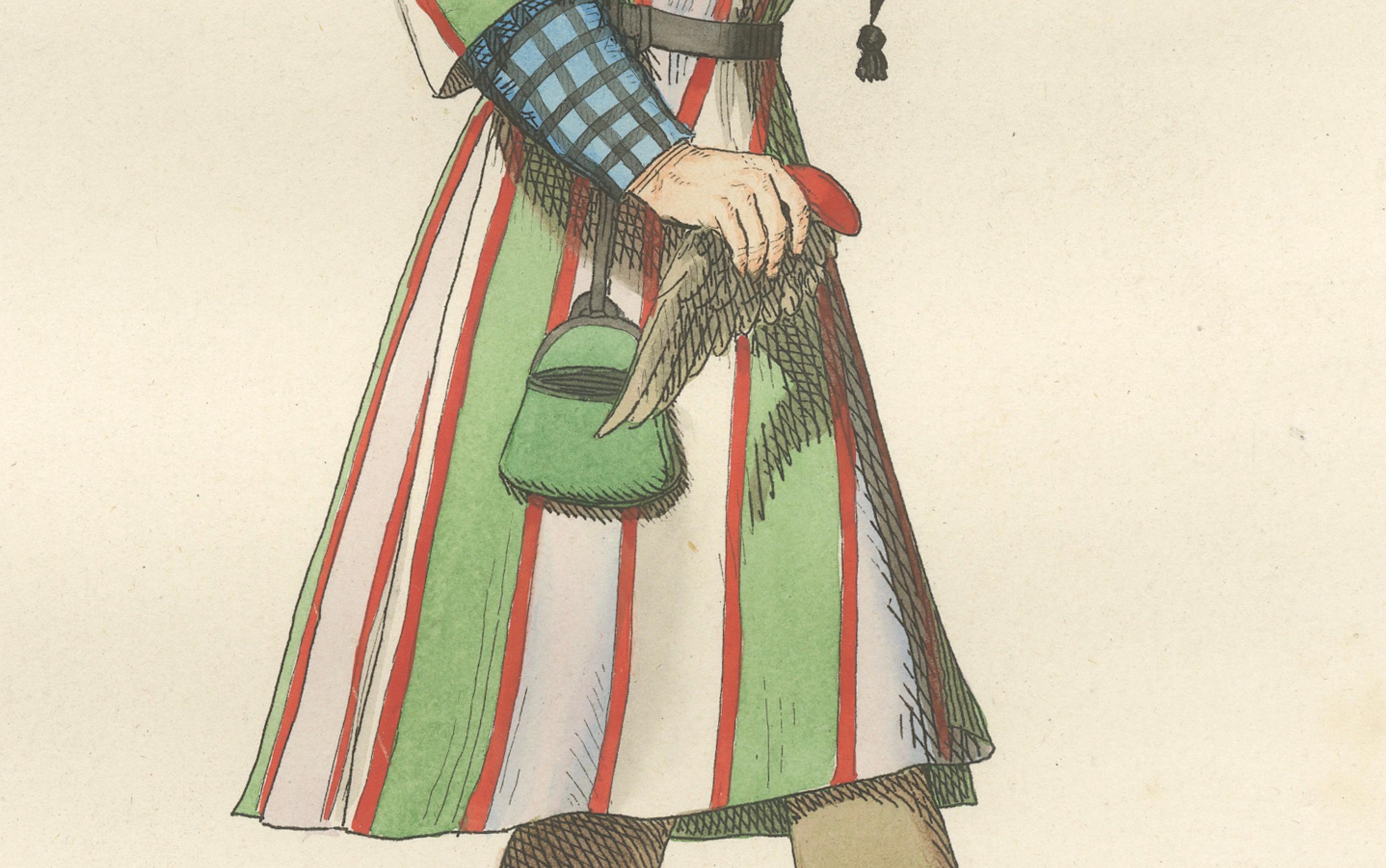 Traje de Cetrería del Siglo XV - Cetrero con Halcón, Grabado Antiguo 1845 Francés en venta