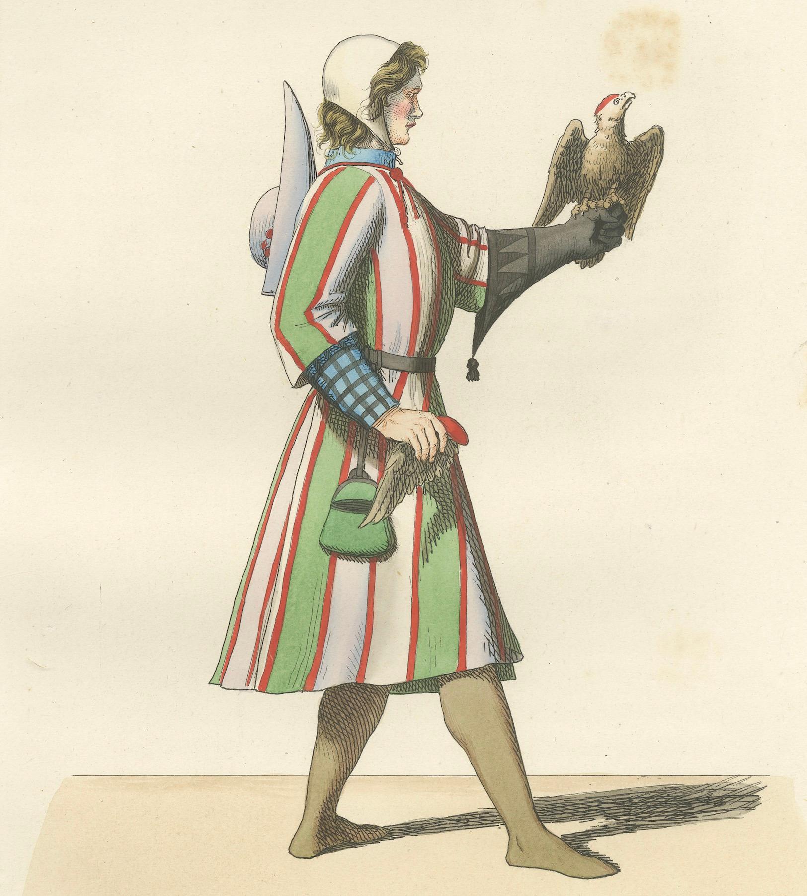Traje de Cetrería del Siglo XV - Cetrero con Halcón, Grabado Antiguo 1845 siglo XIX en venta