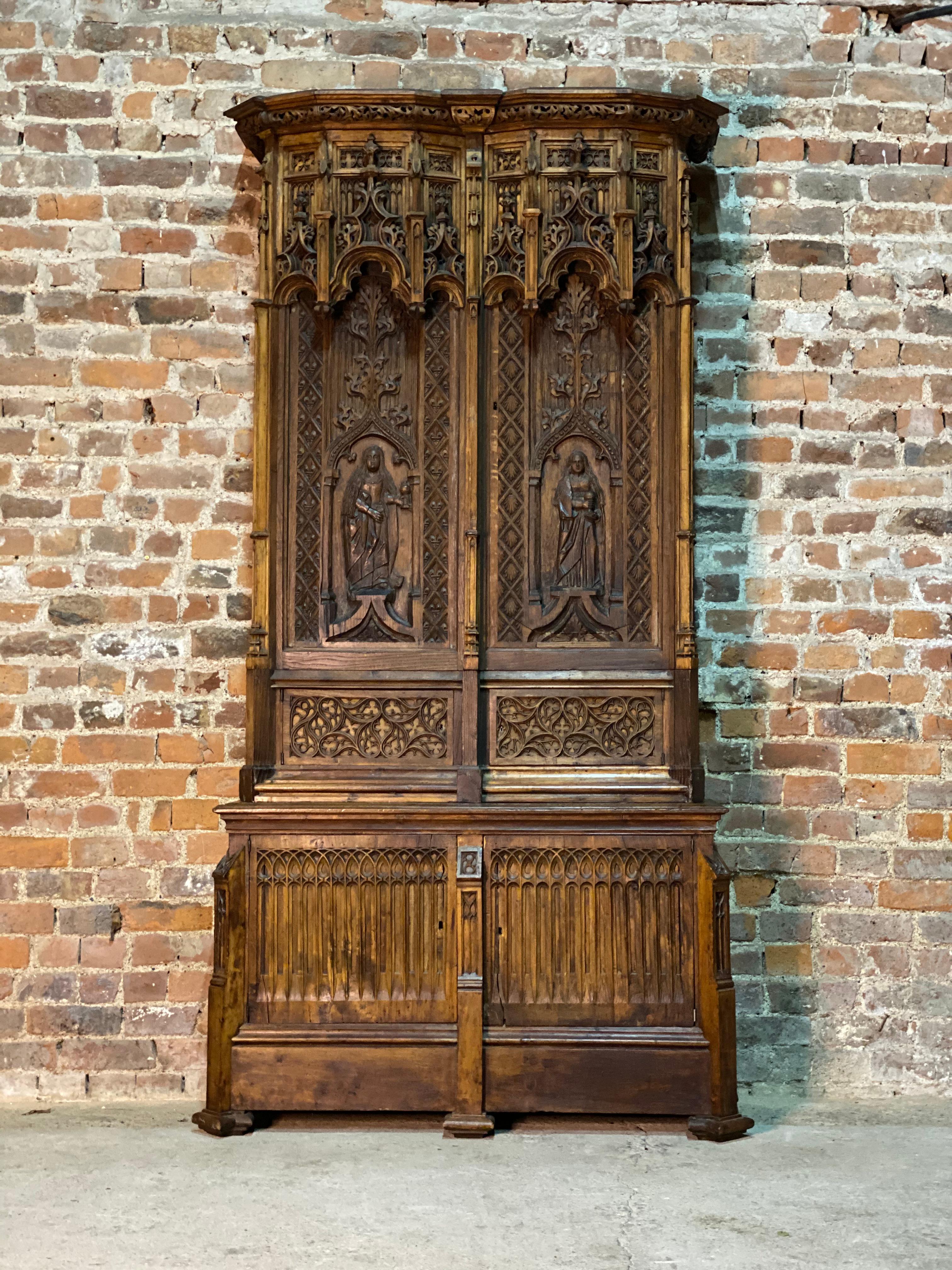 15th Century French Style Gothic Revival Oak Cupboard Heavily Carved, circa 1850 4