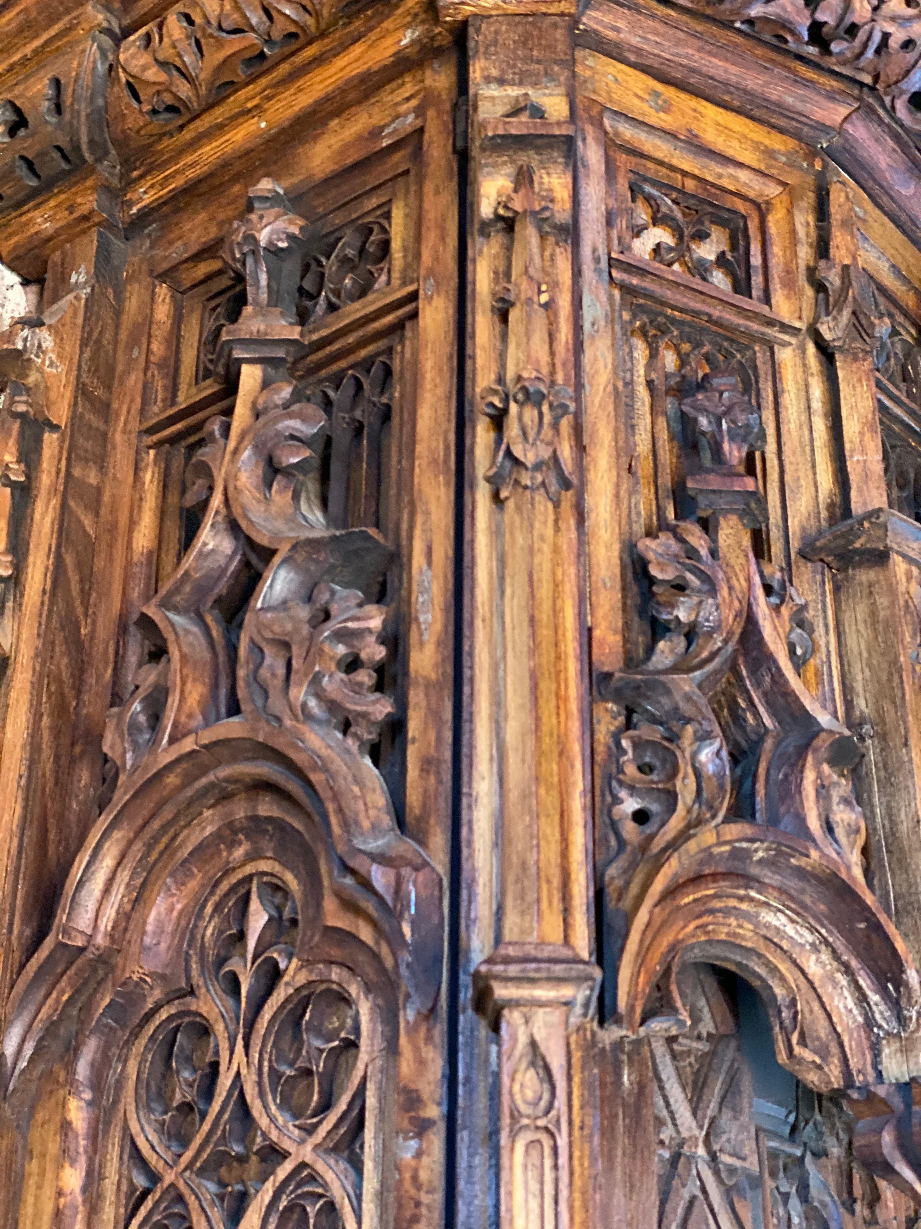 Hand-Carved 15th Century French Style Gothic Revival Oak Cupboard Heavily Carved, circa 1850