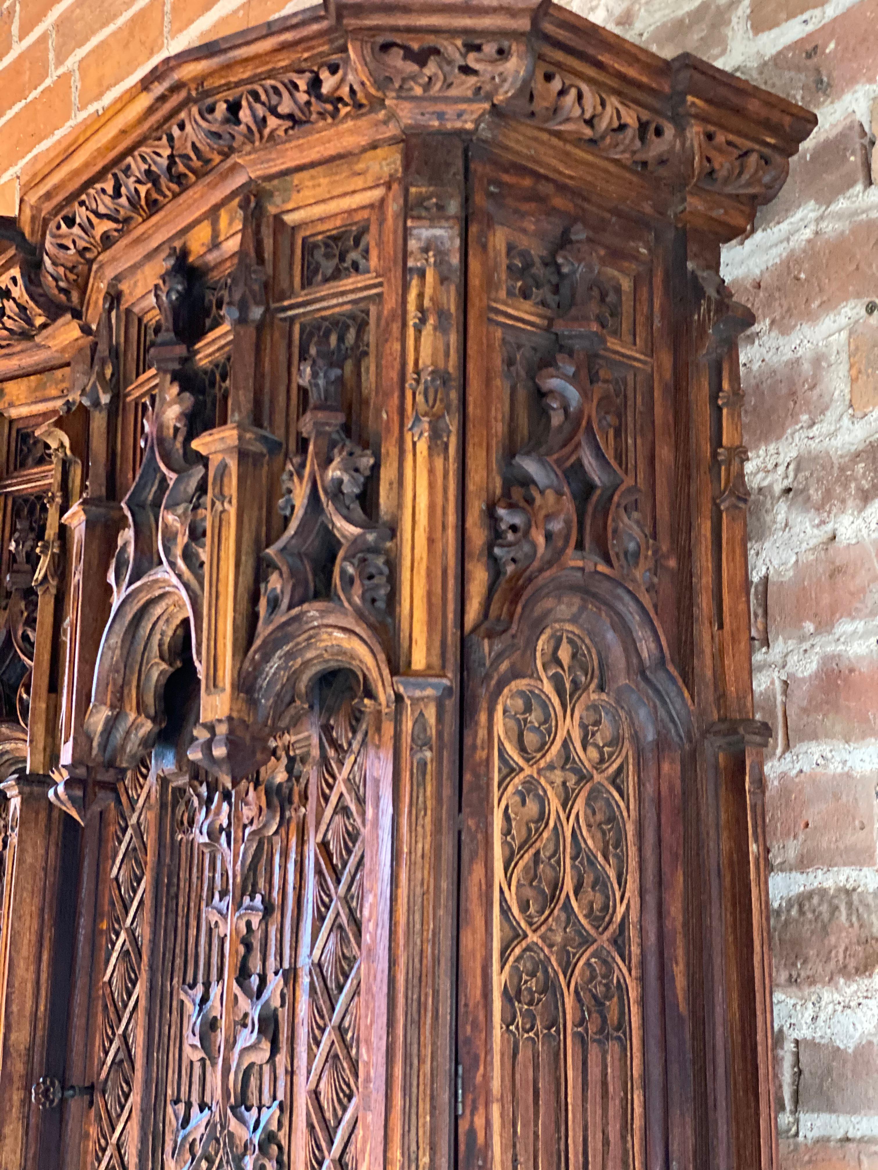 15th Century French Style Gothic Revival Oak Cupboard Heavily Carved, circa 1850 2