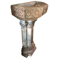 Fuente gótica de piedra caliza del siglo XV Lavabo portavelas Antigüedades LA