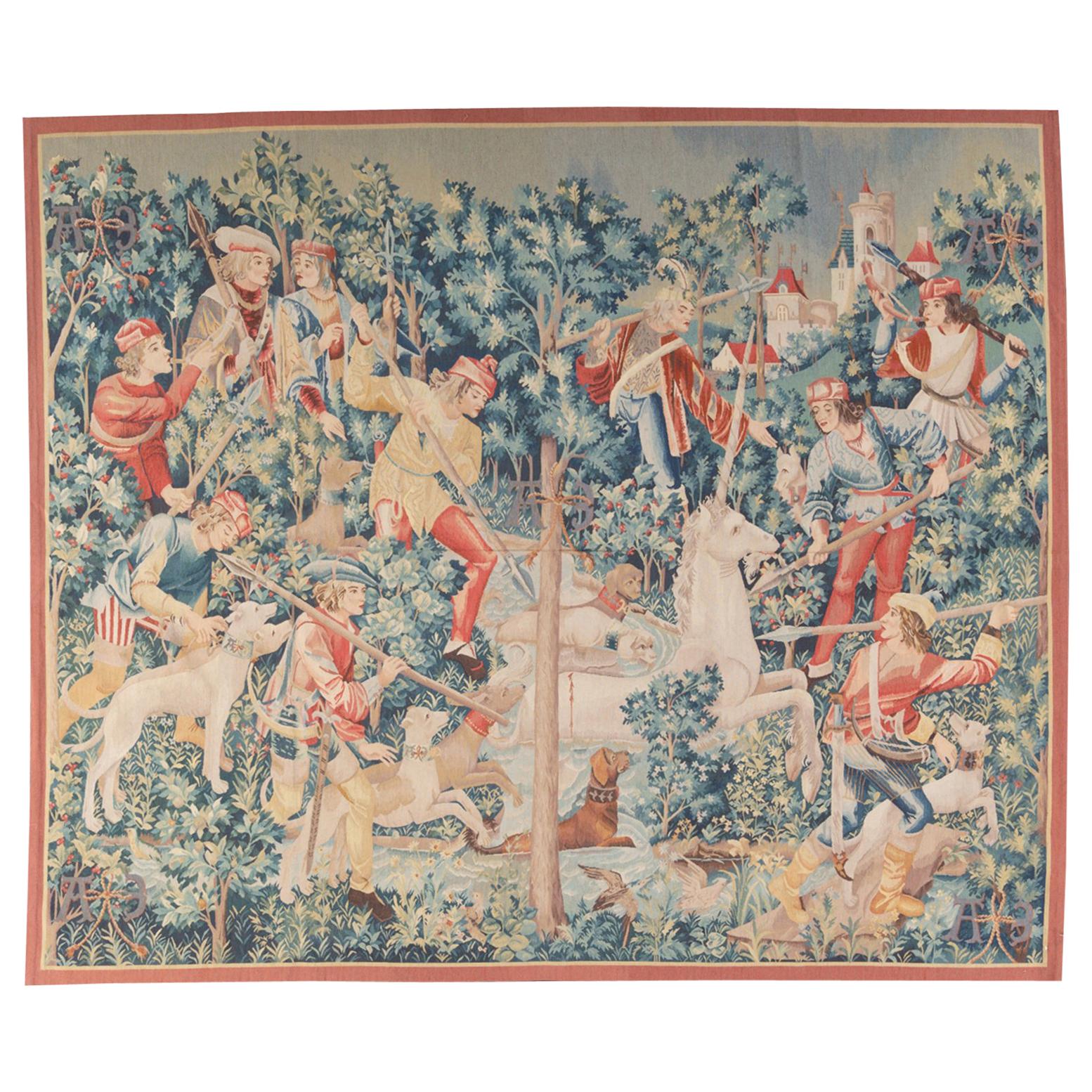 15th Century Gothic Tournai Design Medieval Unicorn Hunting Scene Recreation For Sale
