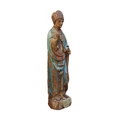 15th Century Holy Bishop Sculpture Polychrome Wood