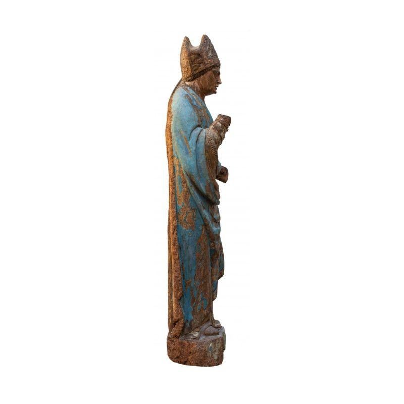 Medieval 15th Century Holy Bishop Sculpture Polychrome Wood