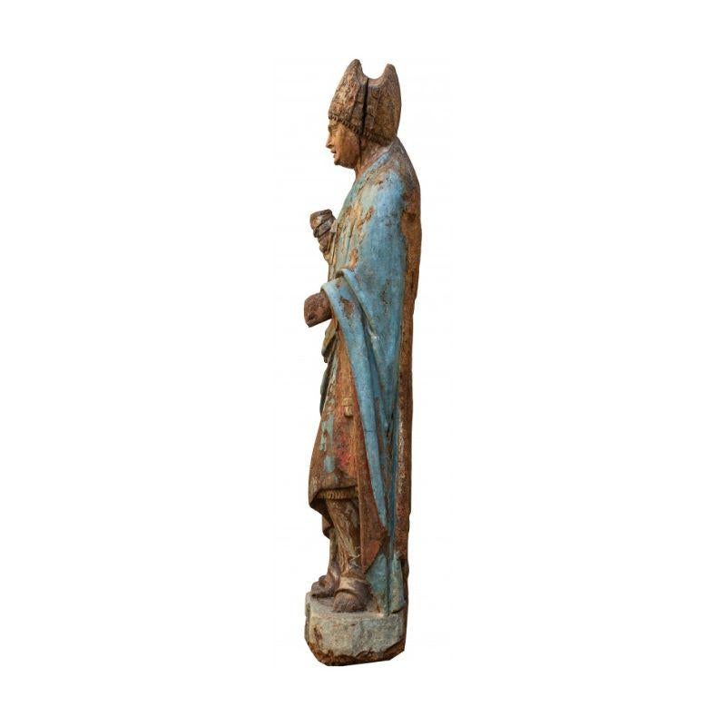 Italian 15th Century Holy Bishop Sculpture Polychrome Wood