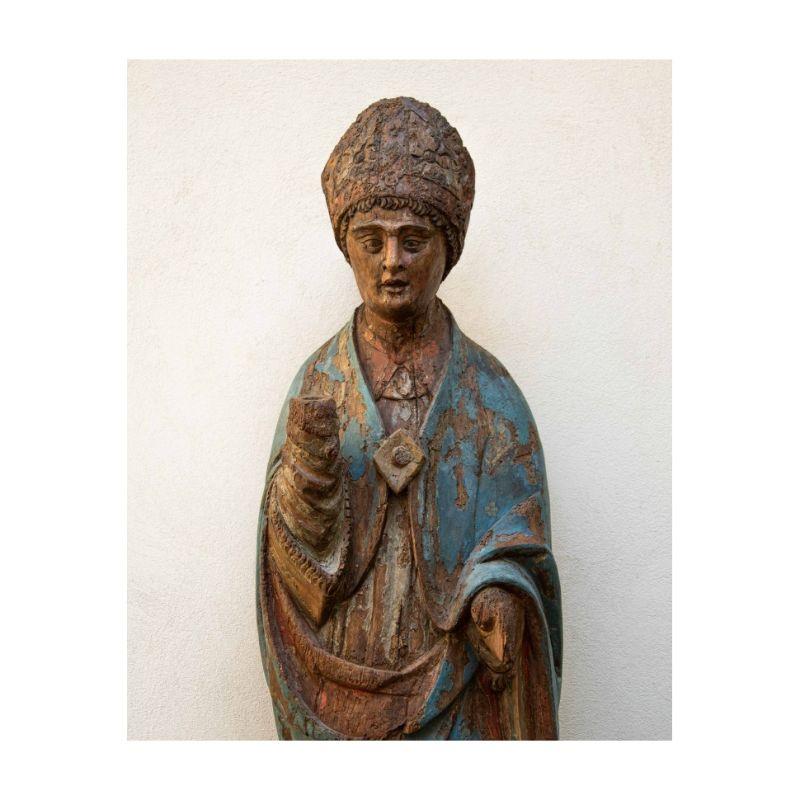 Hand-Crafted 15th Century Holy Bishop Sculpture Polychrome Wood
