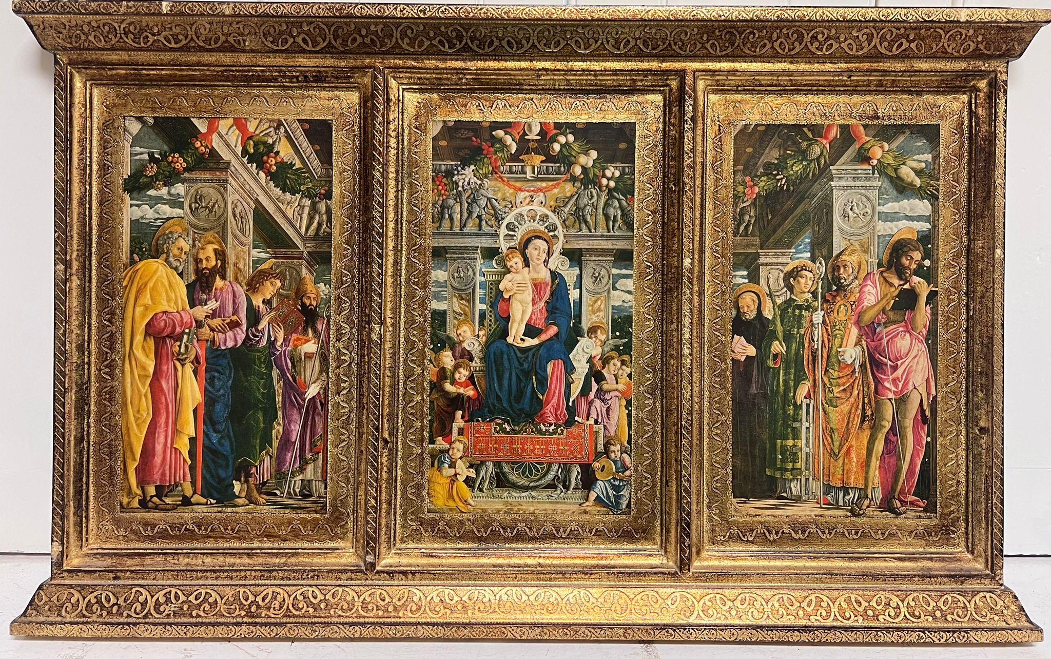 La Virgen entronizada rodeada de santos Tríptico italiano Marco renacentista - Painting de 15th Century Italian Renaissance
