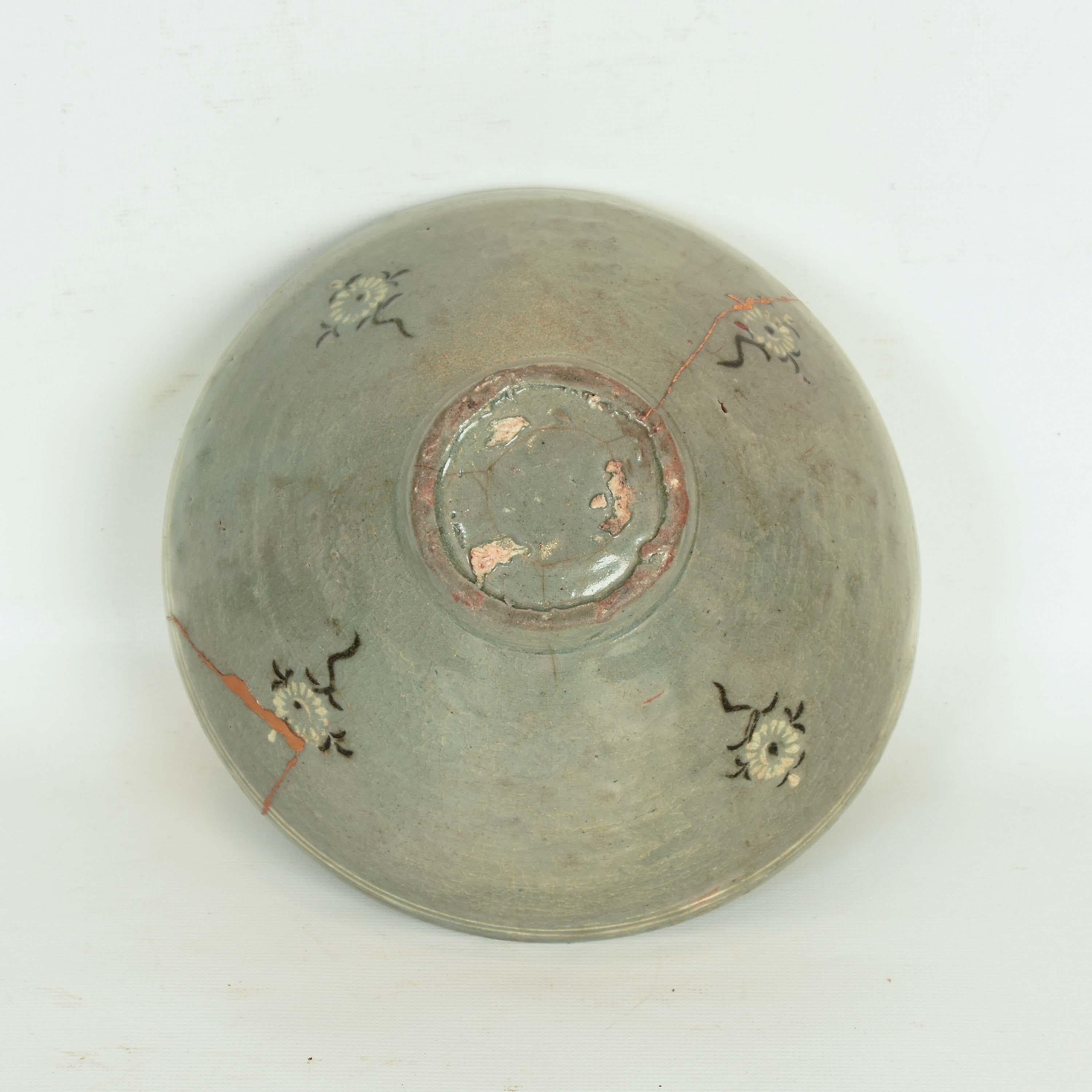 Glazed 15th Century Korean Celadon Tea Bowl with Kintsugi Repair