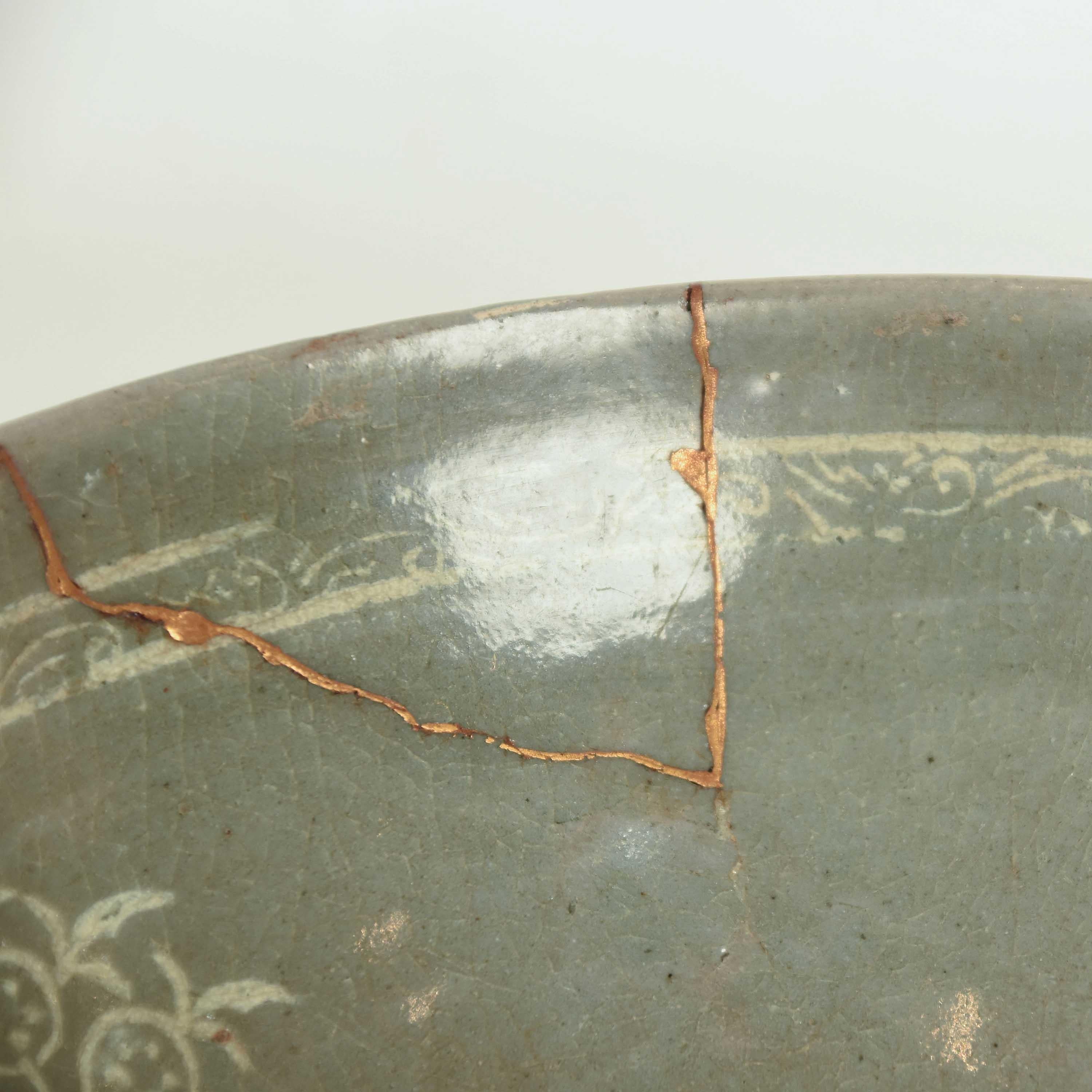 18th Century and Earlier 15th Century Korean Celadon Tea Bowl with Kintsugi Repair