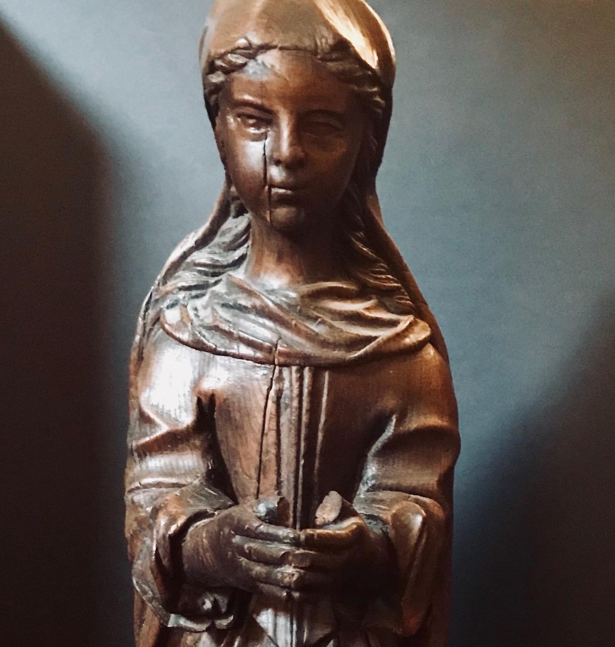 This rare English sculpture with an age of more than 550 years, has a wonderful presence with soft and pleasing facial features. This sculpture represents the Madonna of Charity. Over the centuries the patina has become rich and glowing. 

She is