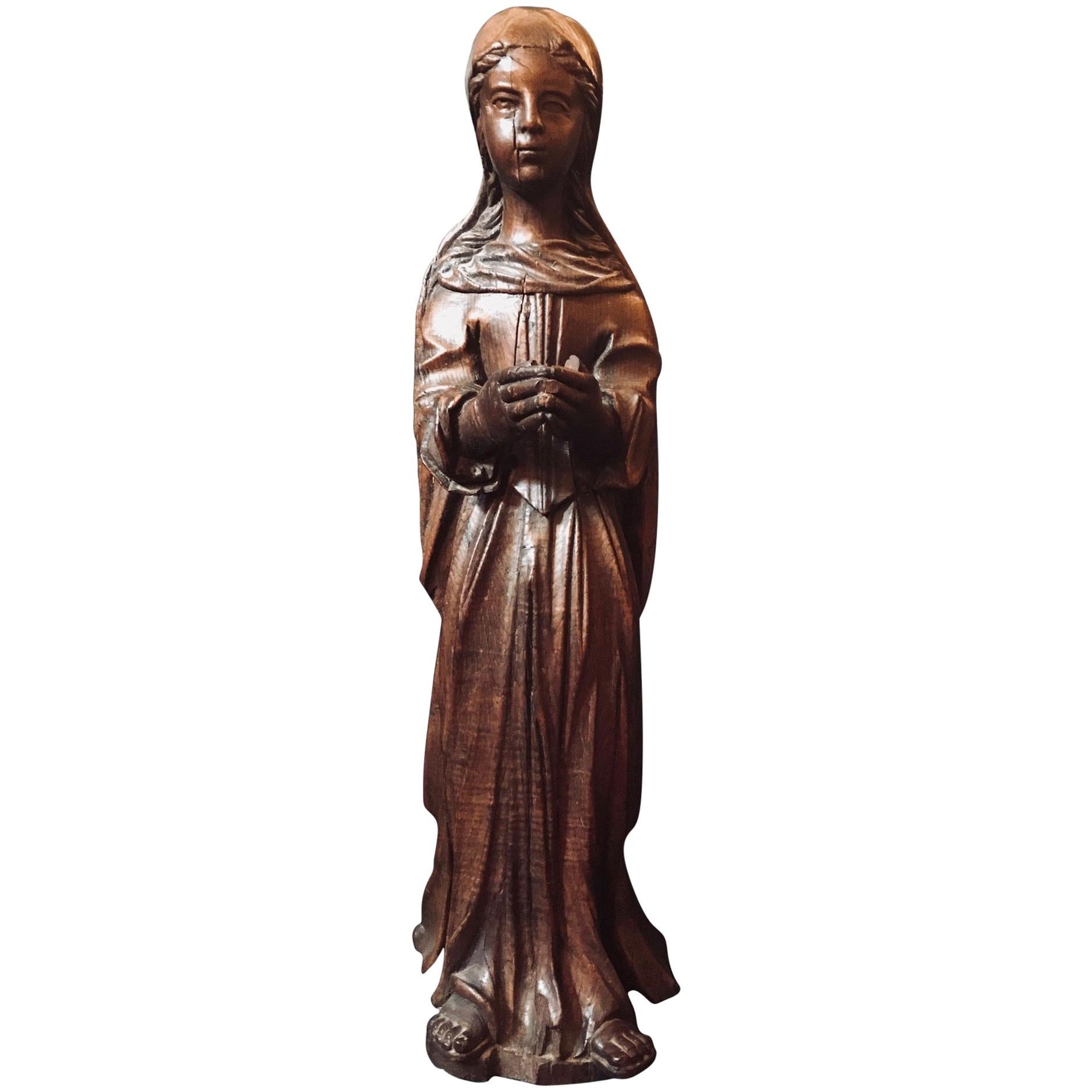 15th Century Rare English Oak Carved Sculpture of the Virgin, circa 1450 In Good Condition In Vero Beach, FL