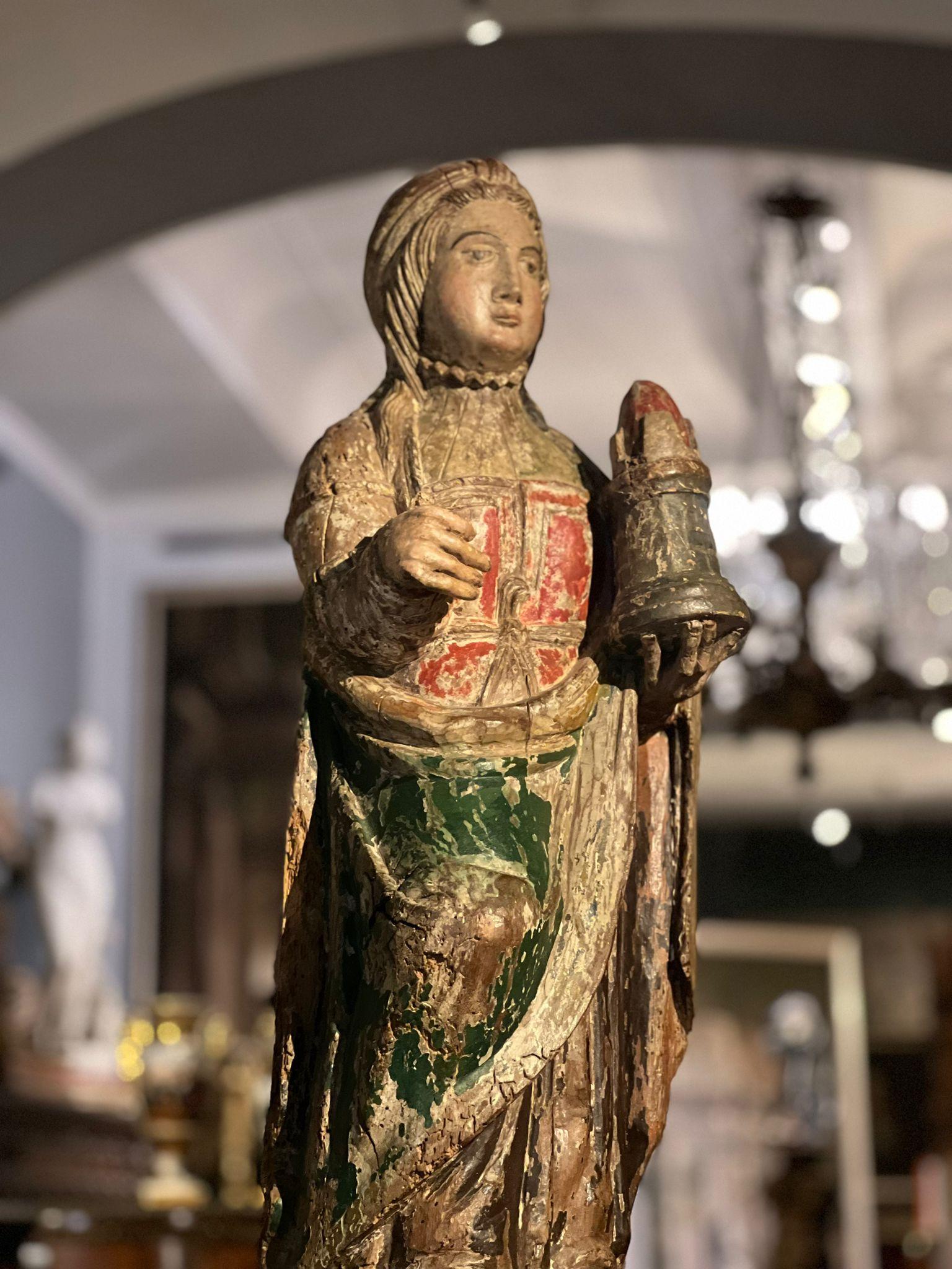 Painted 15th century rare sculpture of Saint Barbara For Sale