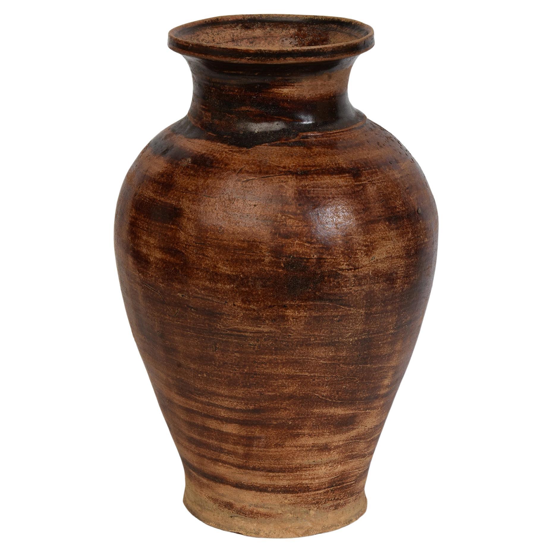 15th Century, Sankampaeng, Antique Thai Sankampaeng Brown Glazed Pottery Jar For Sale