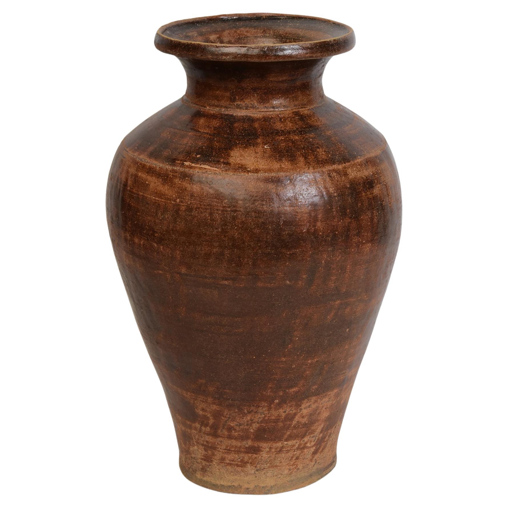 15th Century, Sankampaeng, Antique Thai Sankampaeng Brown Glazed Pottery Jar For Sale