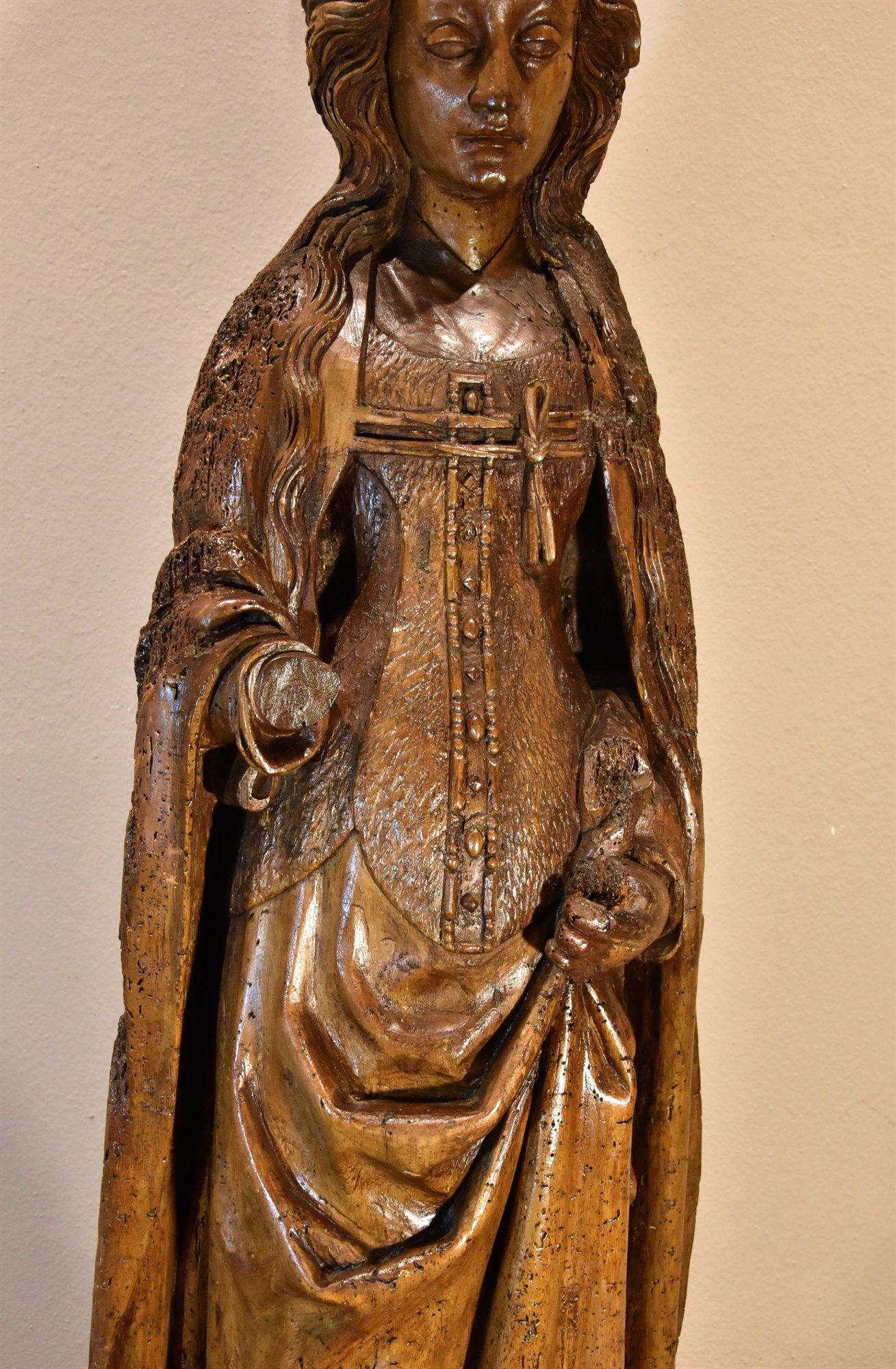 Saint Catherine Lower Rhine Sculpture 15th Century Wood France Gothic For Sale 11