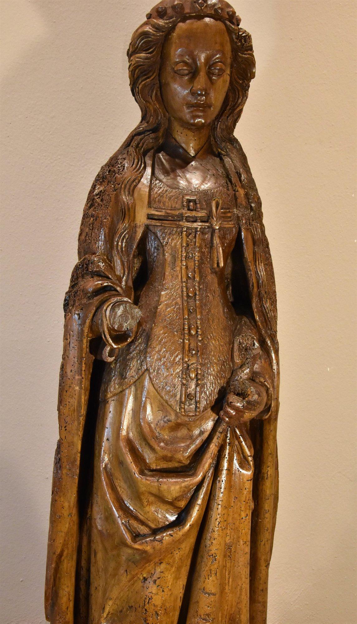 Saint Catherine Lower Rhine Sculpture 15th Century Wood France Gothic For Sale 12