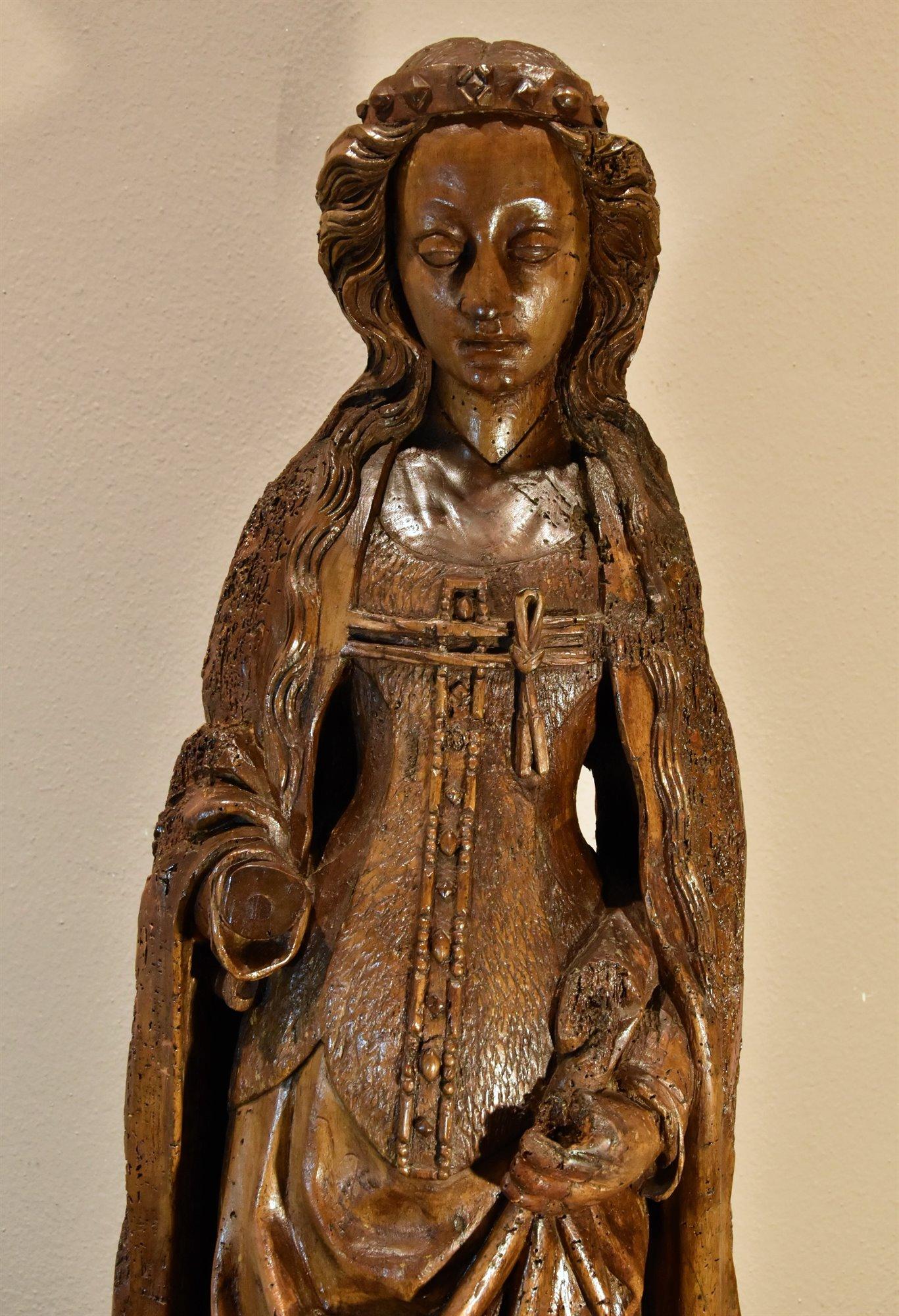 Saint Catherine Lower Rhine Sculpture 15th Century Wood France Gothic For Sale 1