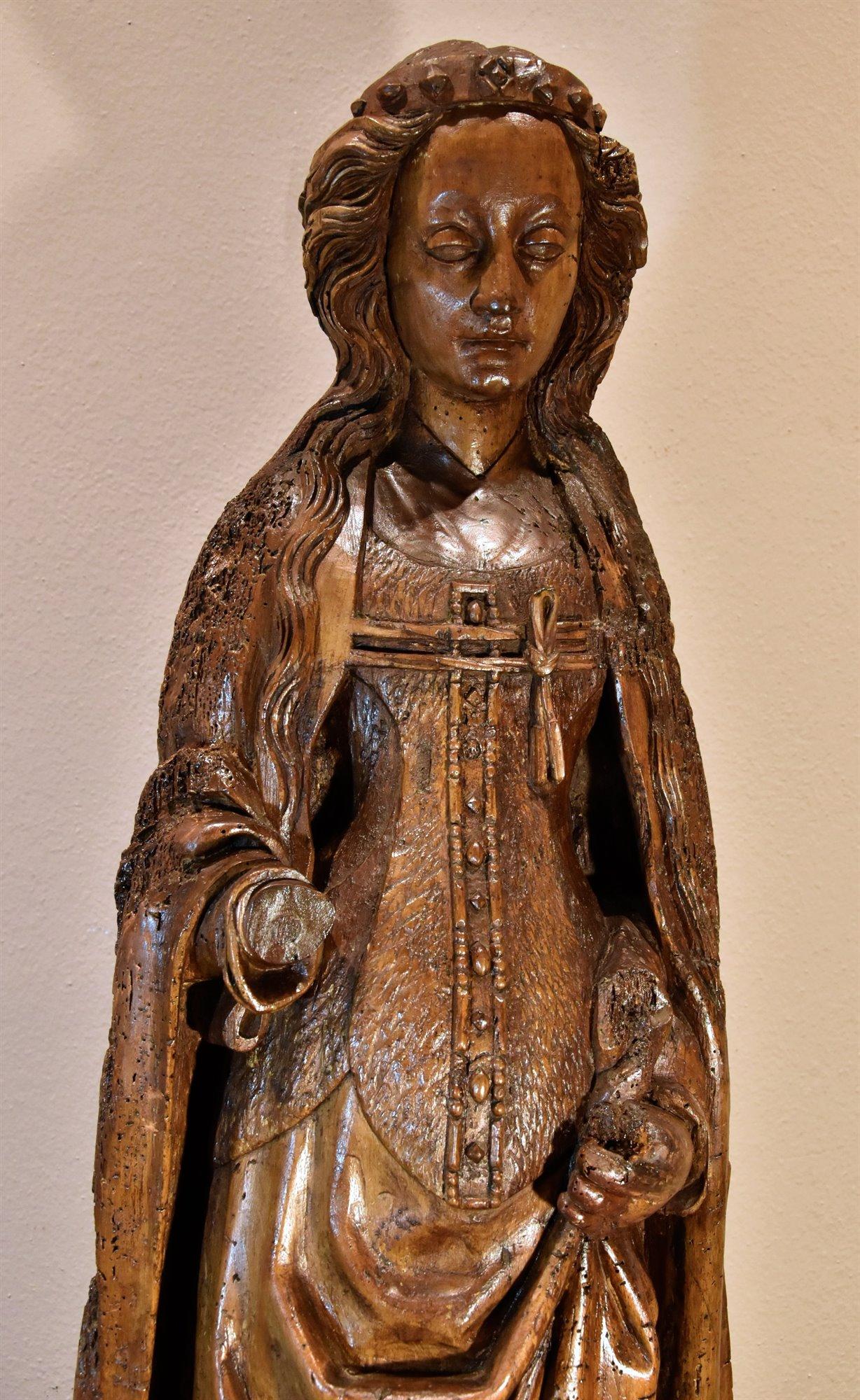 Saint Catherine Lower Rhine Sculpture 15th Century Wood France Gothic For Sale 3