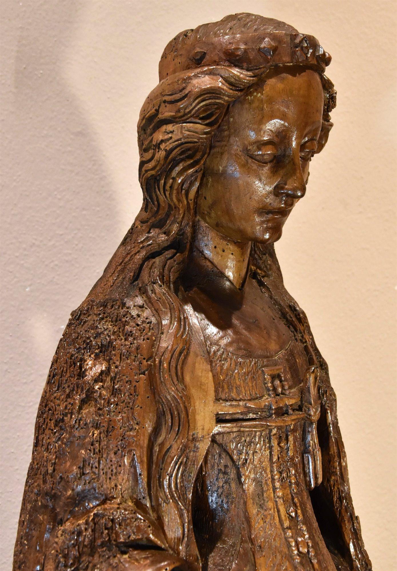 Saint Catherine Lower Rhine Sculpture 15th Century Wood France Gothic For Sale 5