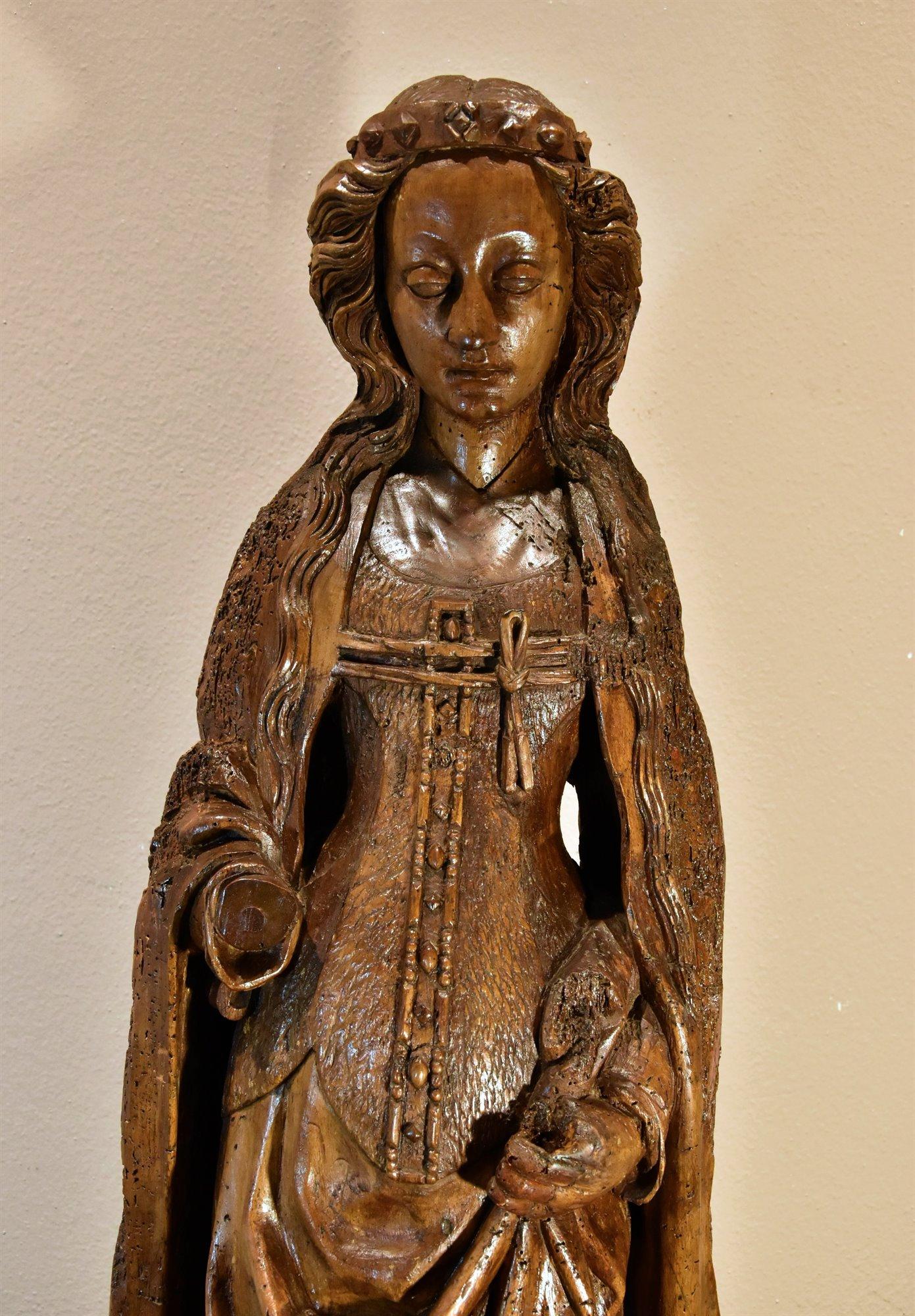 Saint Catherine Lower Rhine Sculpture 15th Century Wood France Gothic For Sale 7