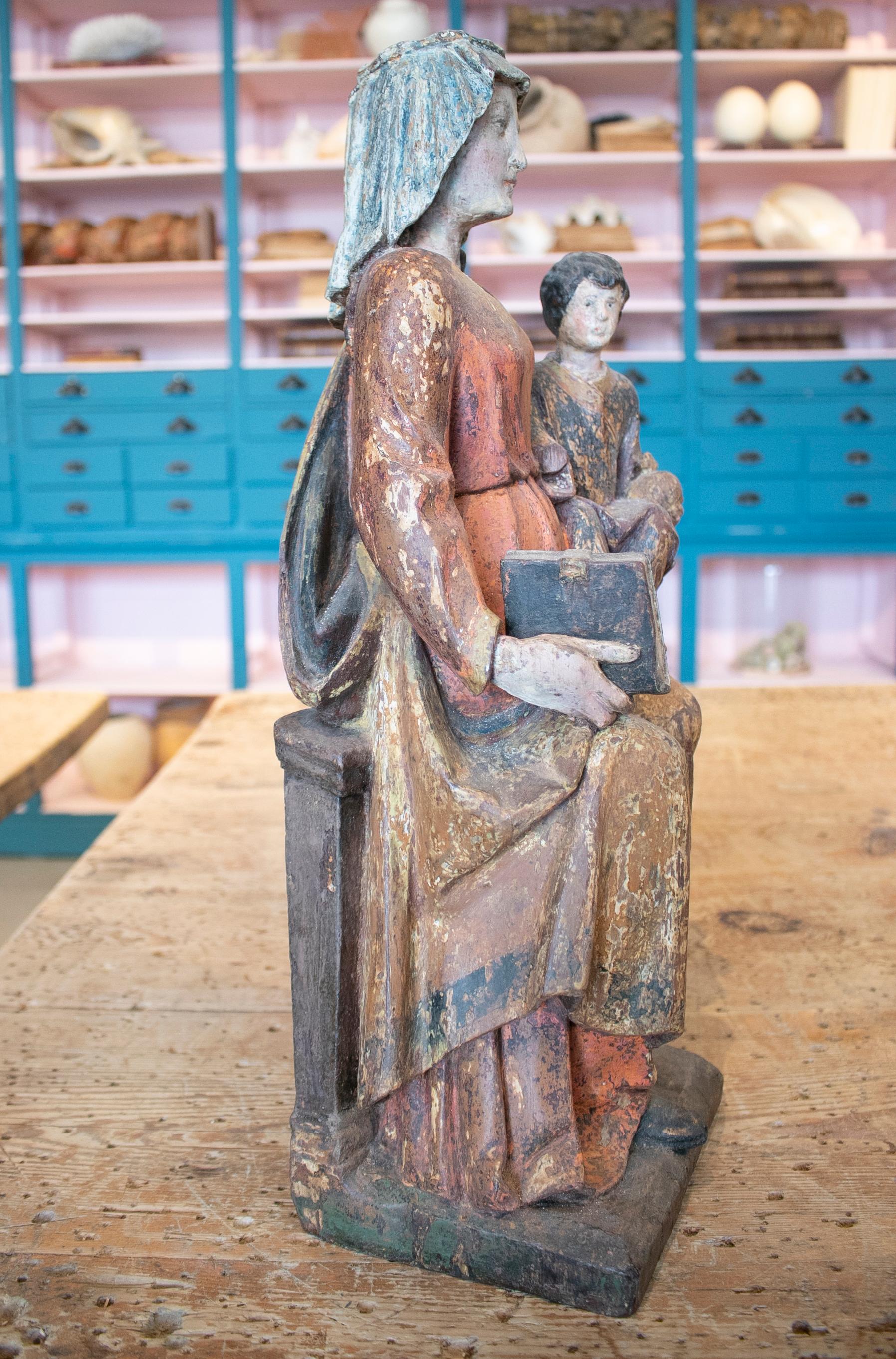 18th Century and Earlier 15th Century Spanish Gothic Virgin and Child Polychrome Wooden Sculpture For Sale