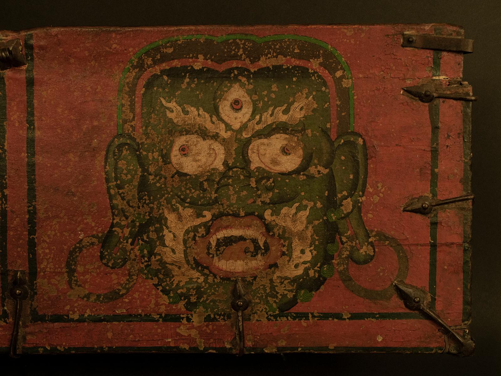 Hand-Crafted 15th Century Tribal Wood Panel with Mahakala, Tibet For Sale
