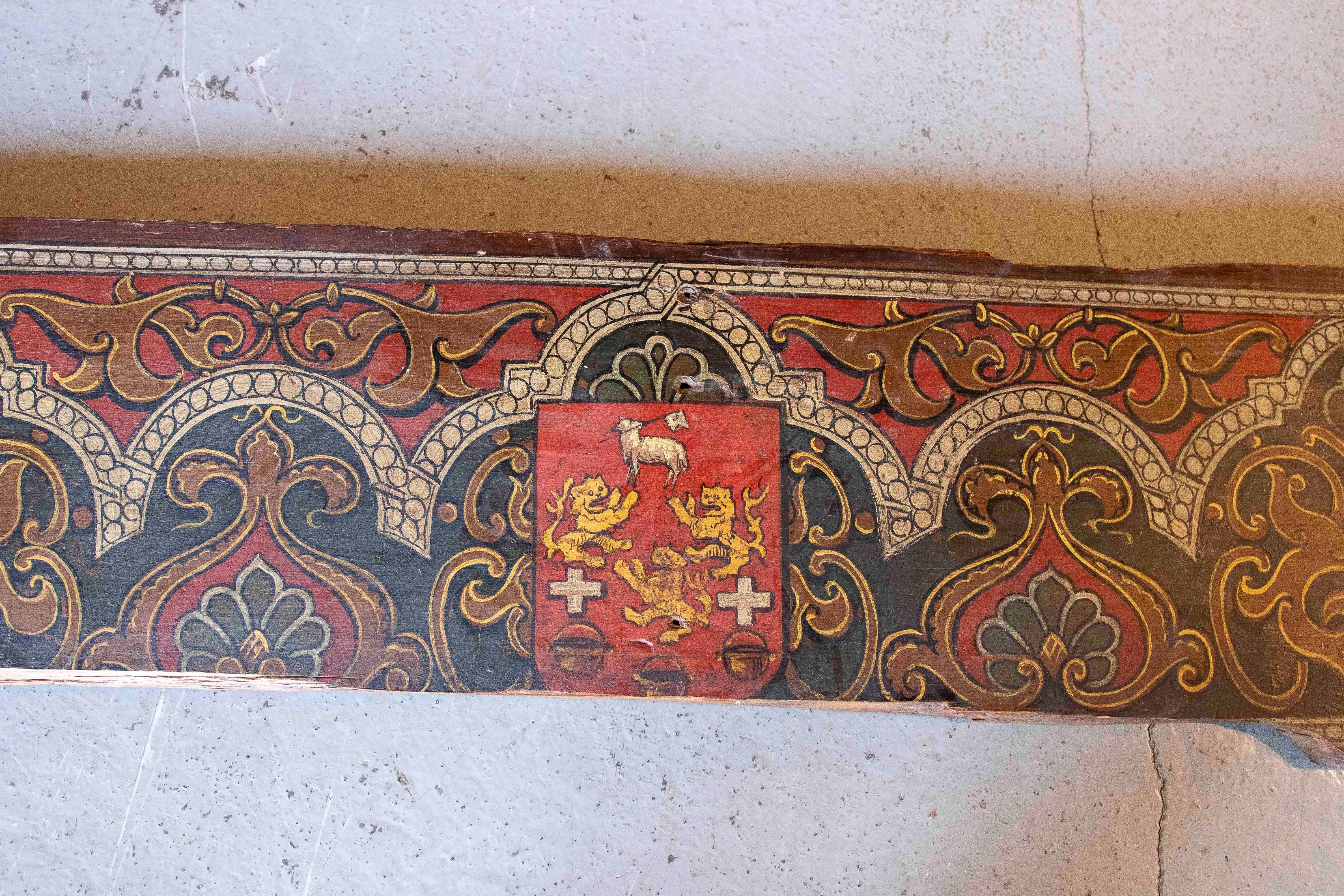 18th Century and Earlier 15th Polychrome Coffered Ceiling Panel with Heraldry Coats of Arms For Sale