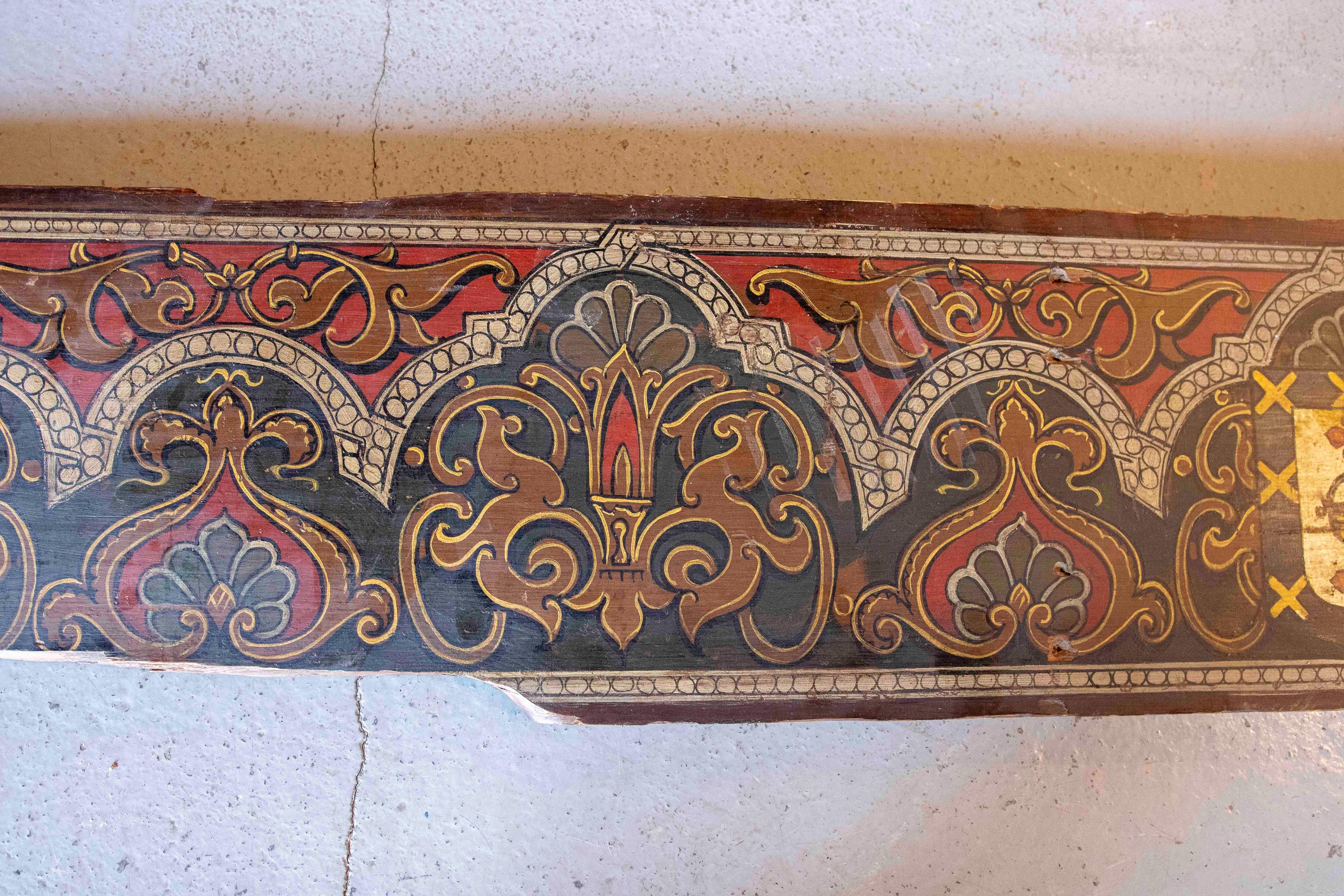 Wood 15th Polychrome Coffered Ceiling Panel with Heraldry Coats of Arms For Sale