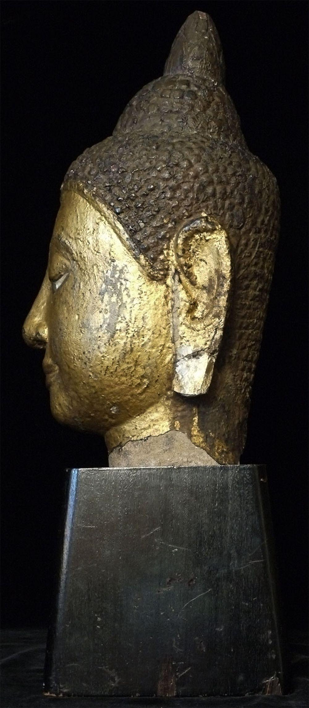 Hand-Carved 15thC Thai Lacquered and Gilded Stone Head, 6597 For Sale
