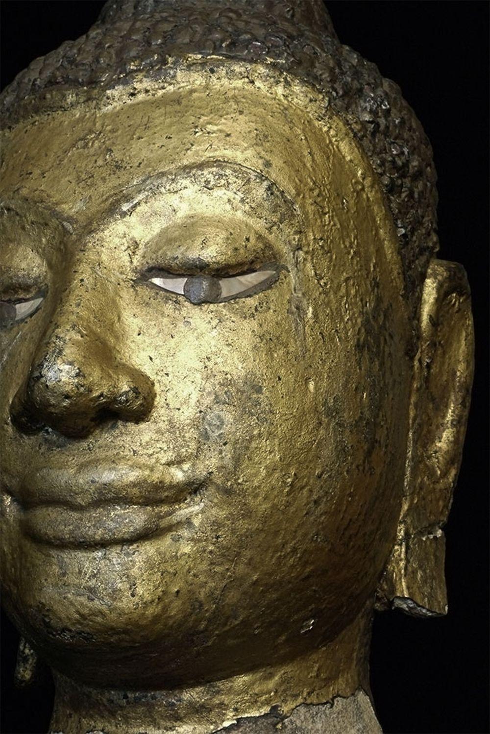 18th Century and Earlier 15thC Thai Lacquered and Gilded Stone Head, 6597 For Sale