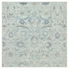 15'x15' Tapis carré en soie et laine texturée, noué à la main, à motifs de feuilles de faucille blanches