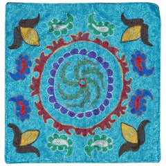 Funda de cojín bordada en seda de 15 "x16". Funda de almohada hecha a mano. Cojín de encaje azul