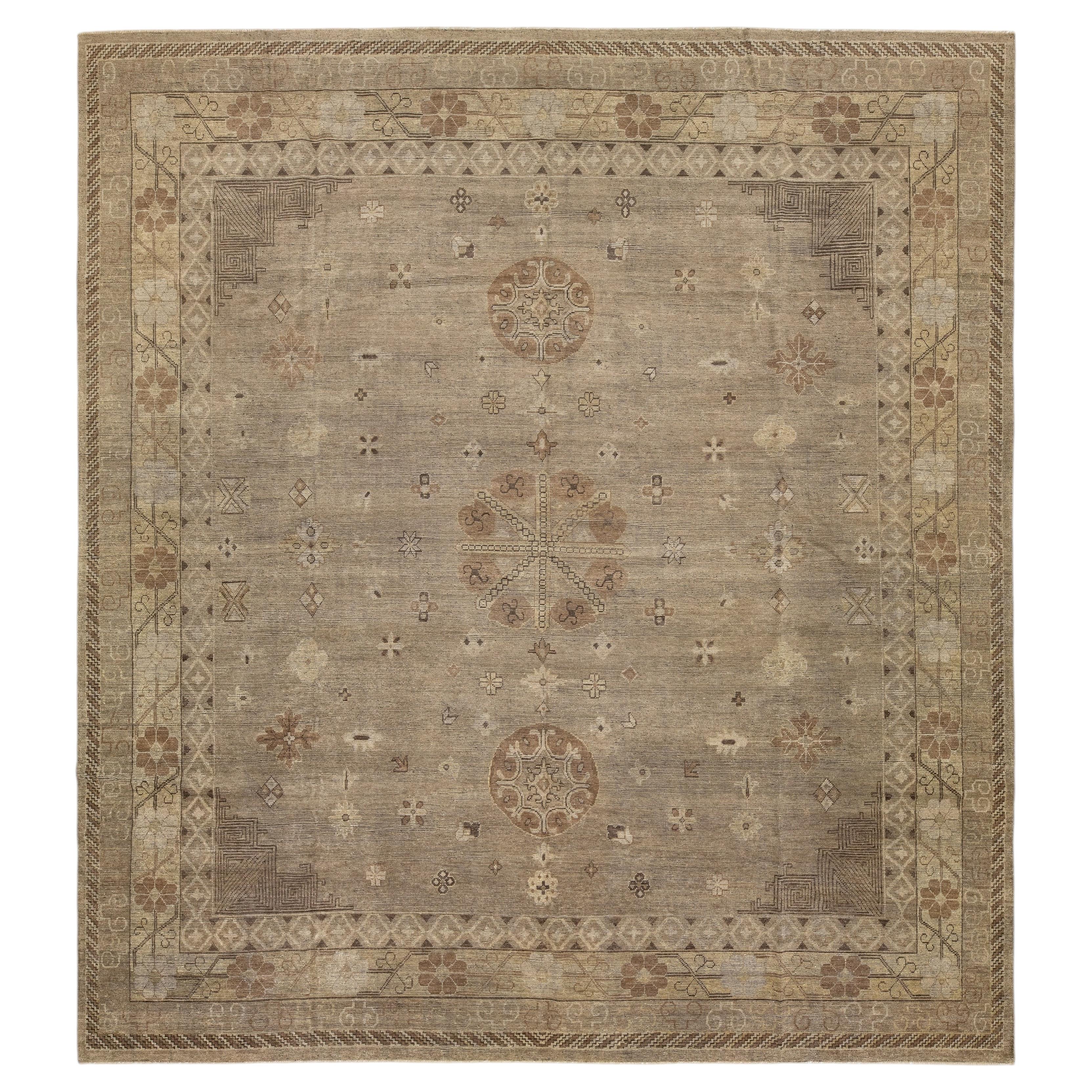 15x16 Transitional Khotan Style Wool Area Rug – Earth Tones & Subtle Medallions