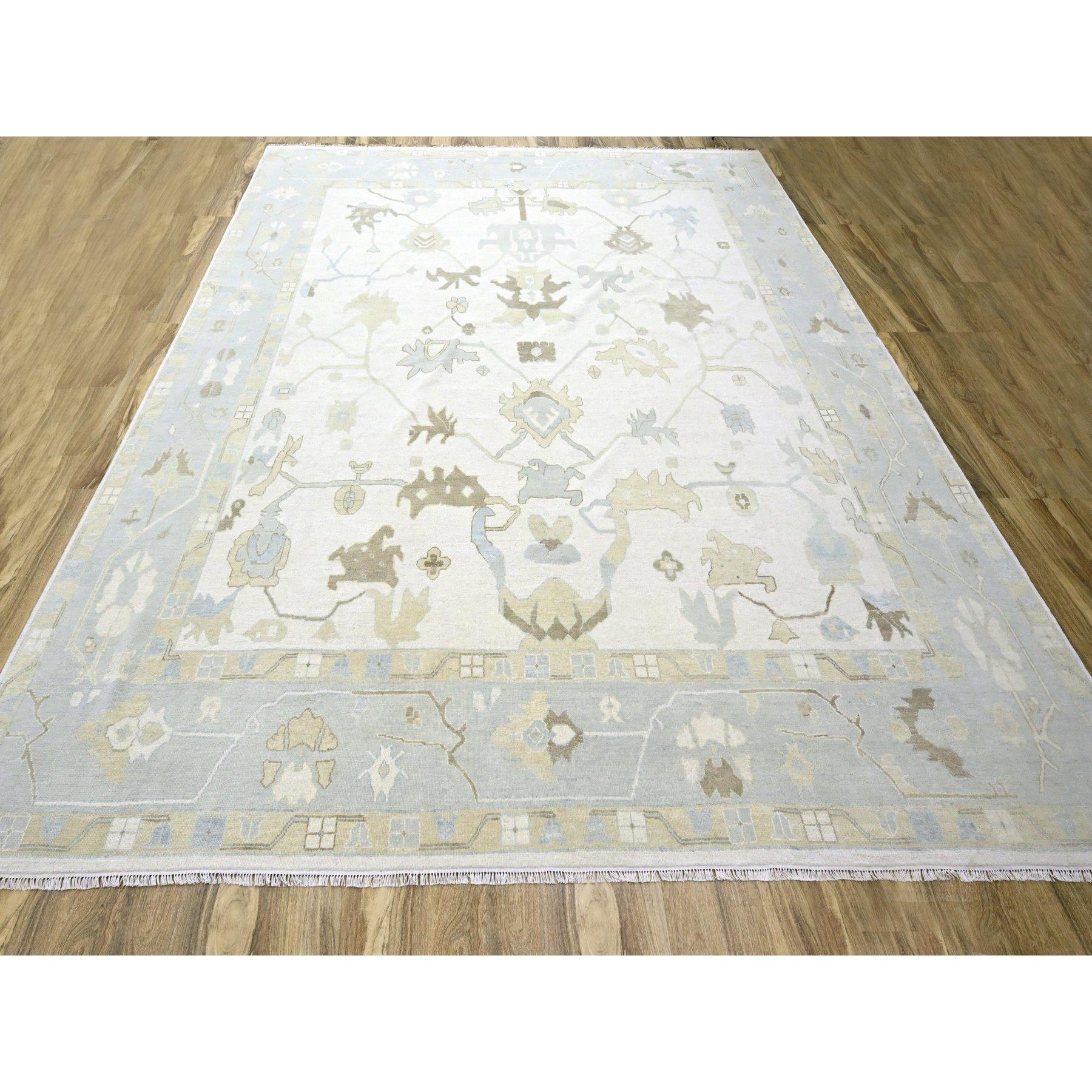 Cream White, Oushak with All Over Leaf Design, 100% Wool, Hand Knotted, XL Square, Oversized, Oriental Rug
Primary materials: Wool
Latex: No Pile 
height: 0.25 Inches
Style: Transitional
Primary color: Ivory
Secondary colors: Brown, Beige, Light
