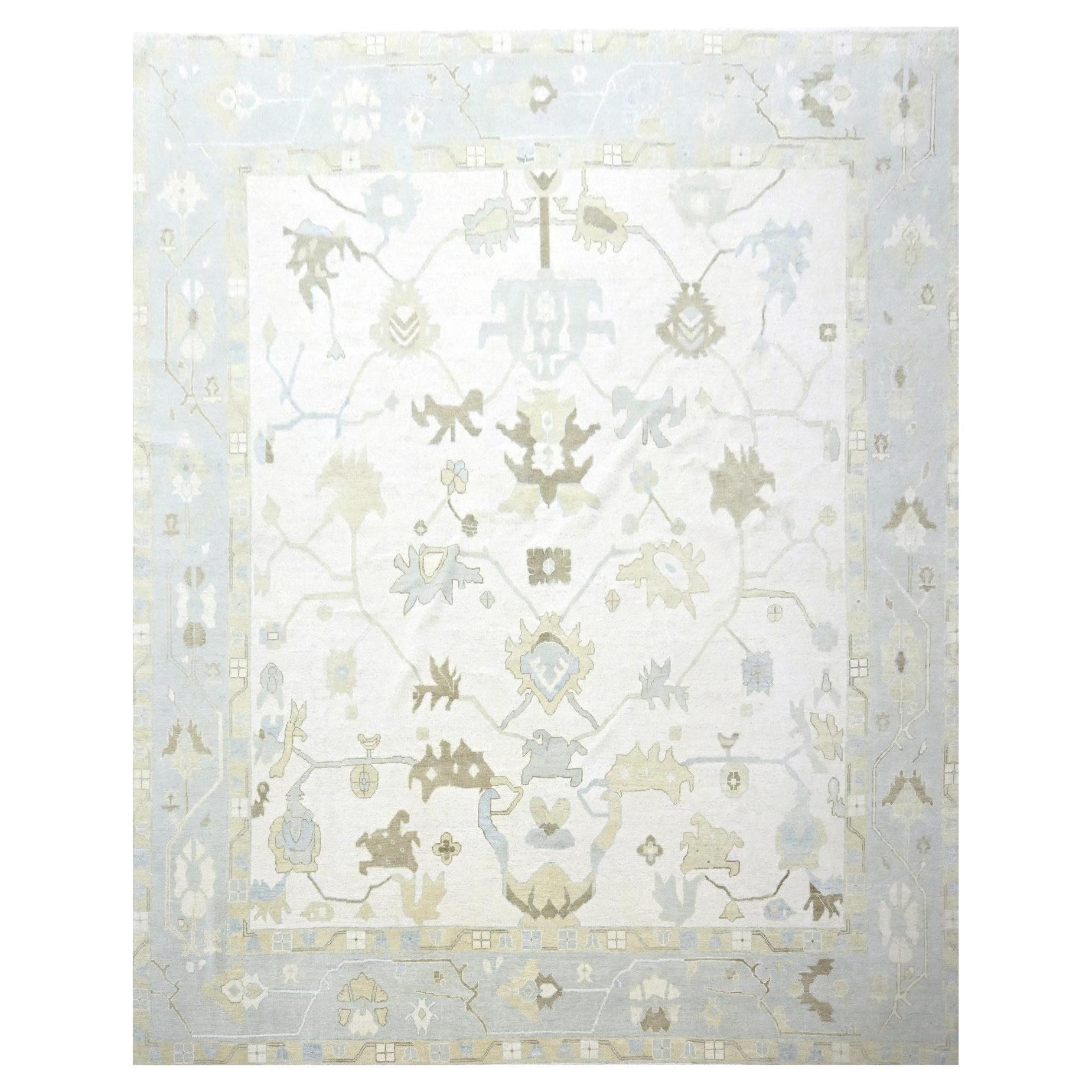 15'x16'3" Ivory Oushak with All Over Leaf Design Hand Knotted Wool XL Square Rug For Sale