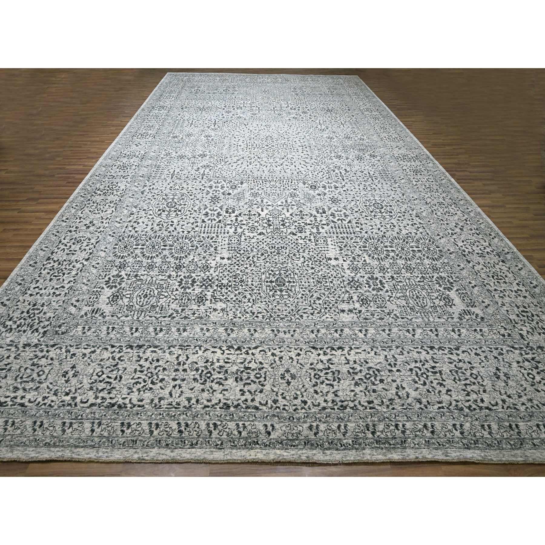 Blanco polvo, Dinastía mameluca, Diseño tono sobre tono, Lana natural sin teñir, Tejido denso, Anudada a mano, De gran tamaño, Alfombra oriental
Materiales primarios: Lana
Látex: Sin pelo 
altura: 0,25 Pulgadas
Estilo: Transicional
Color principal: