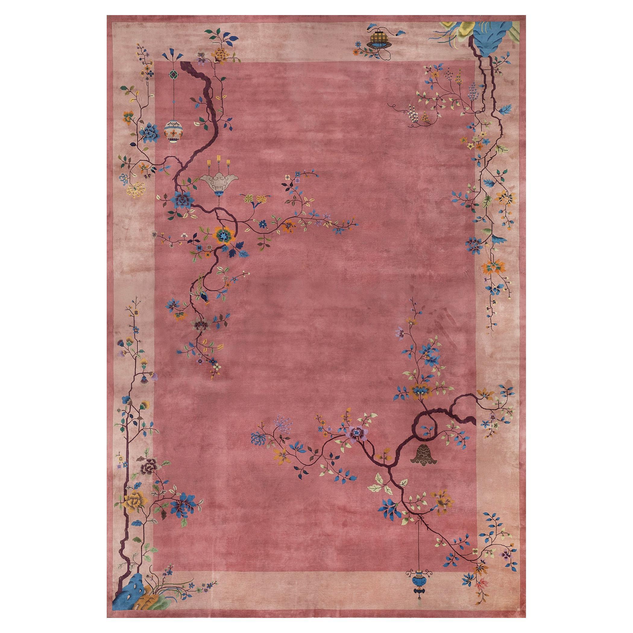 15'x21' Antique, circa-1930, Pink Floral Chinese Peking Rug For Sale