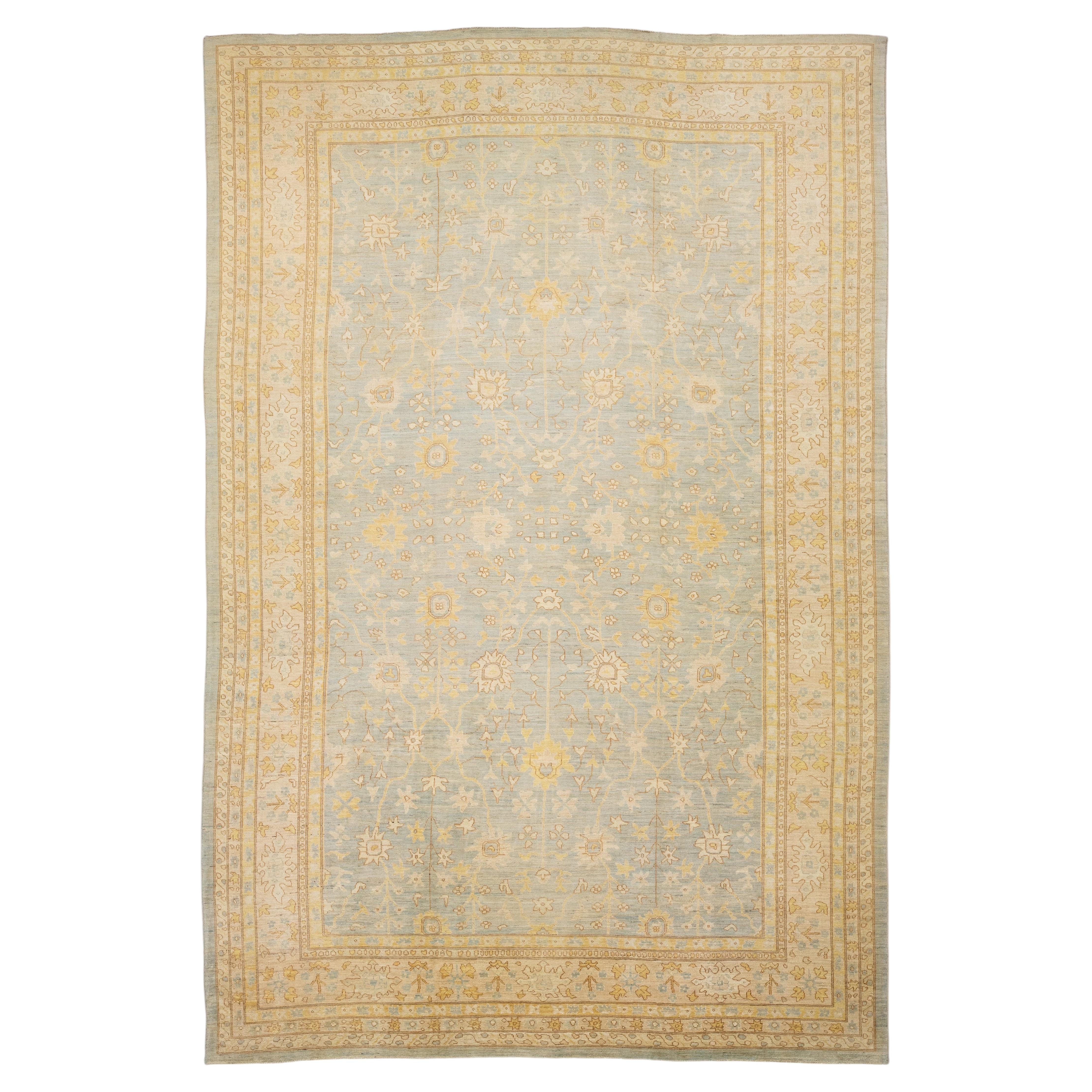 15x23 Modern Transitional Oushak Style Light Blue & Goldenrod Hand-Knotted Wool For Sale