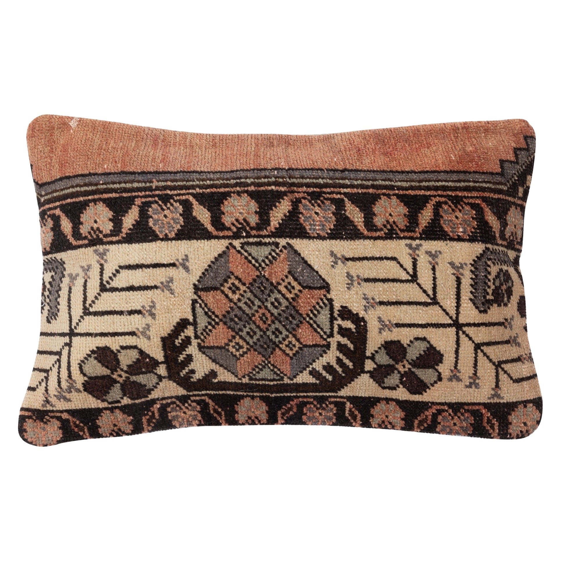 15"x24" Rustic Handmade Wool Cushion Cover. Vintage Turkish Rug Lumbar Pillow