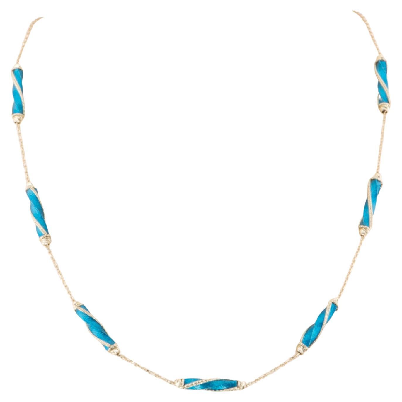16" 14K Gold Necklace 6.9g Diamond Cut and Bright Blue Enamel Spiral Links R4509 For Sale