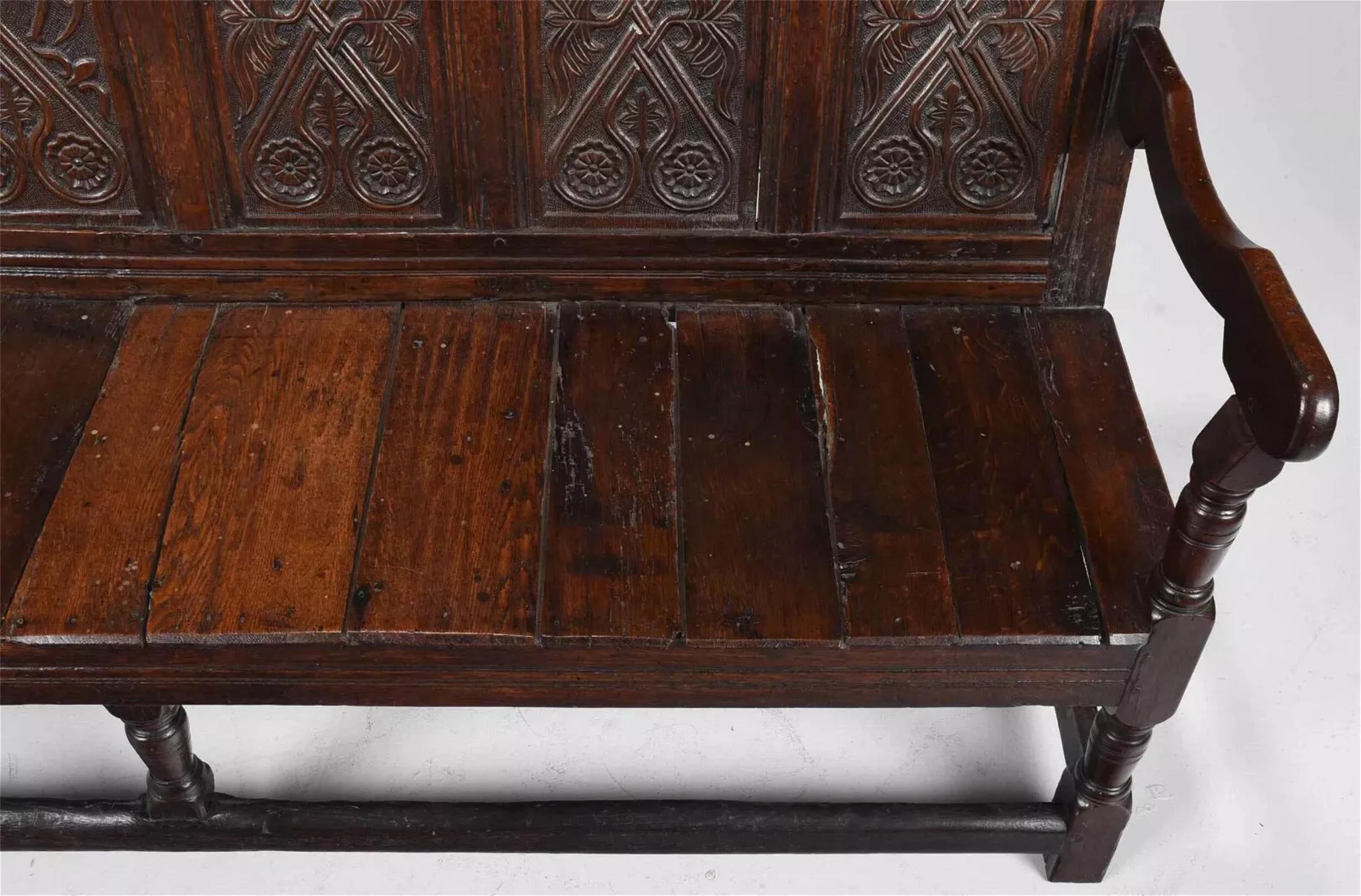 16 / Antigüedad de 1700  ¡¡¡Asiento de Roble Tallado Inglés Temprano, Roseta, Hoja, Banco!!! Británico en venta