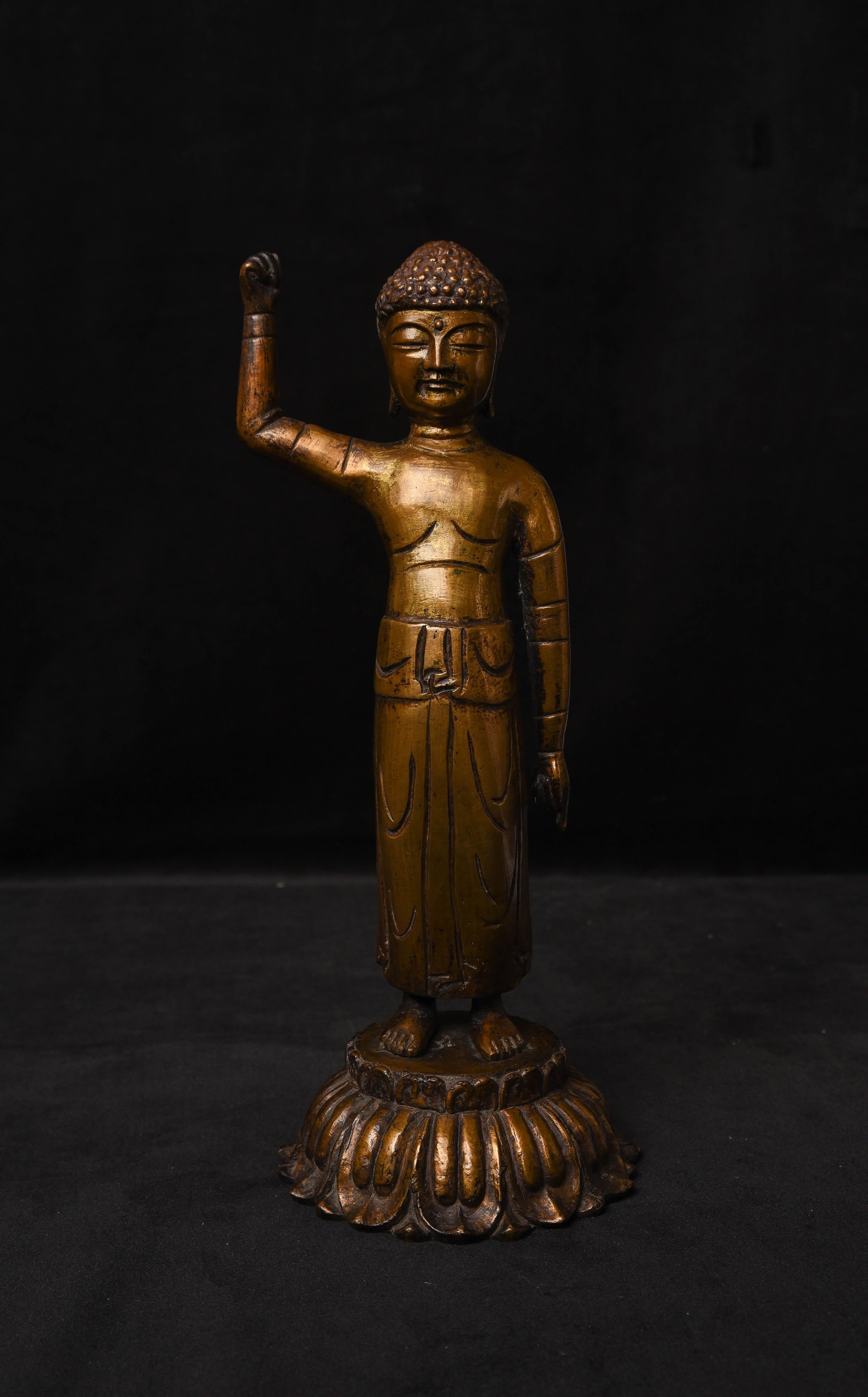 Korean Baby Buddha pointing to heaven and earth. 16/17thC. The style is early, and the size is very good. Great condition - one finger is missing - common on this form of baby Buddha. Best Korean Baby Buddha I have ever been able to acquire. Quite