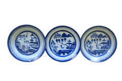 16 Antique Chinese Export Canton Blue White Pagoda Willow Tree Boat Plates 10"