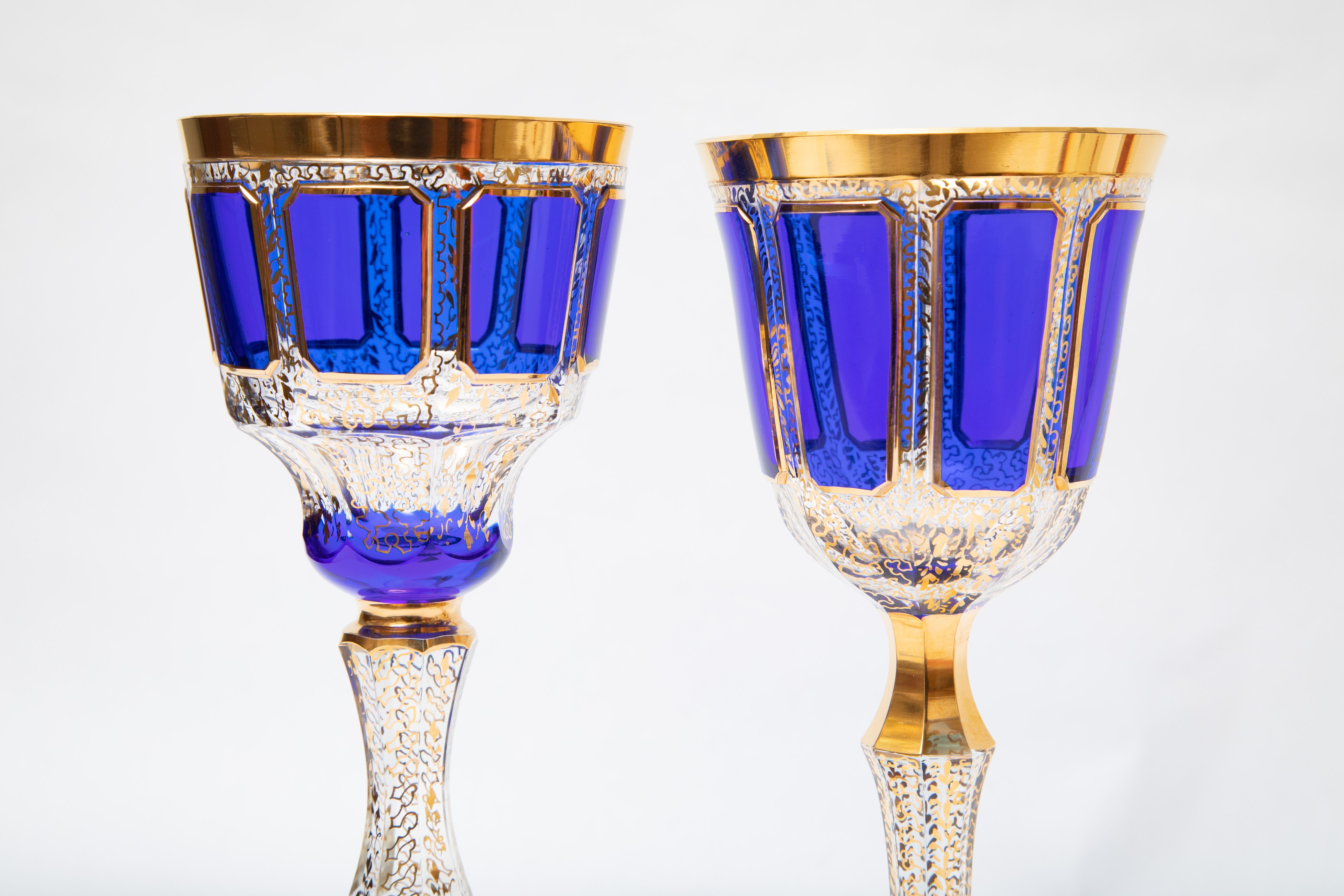 Art Nouveau 16 Antique Cobalt Blue & Gold Tall Goblets, All Over 24 Karat Design & Trim