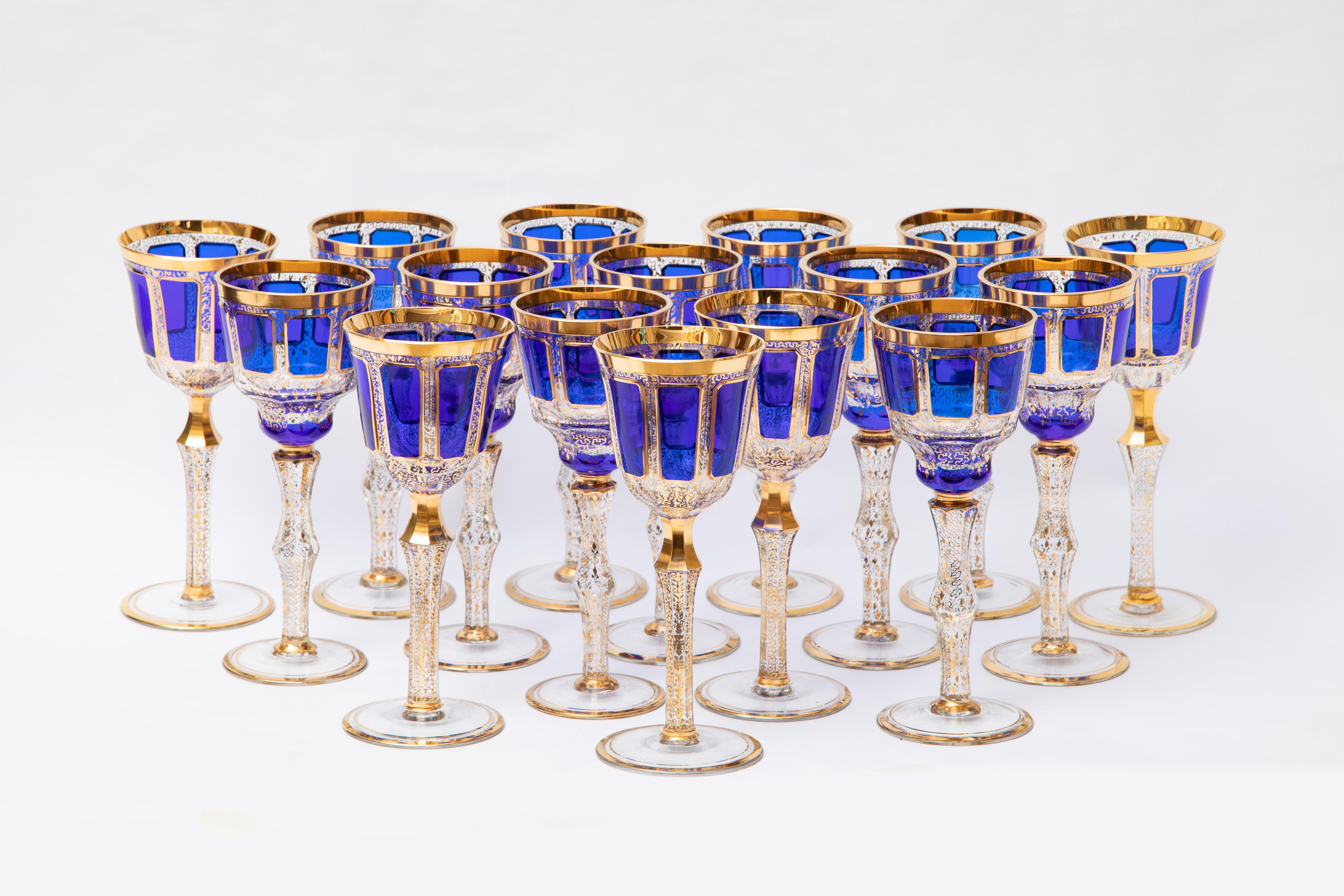 Czech 16 Antique Cobalt Blue & Gold Tall Goblets, All Over 24 Karat Design & Trim