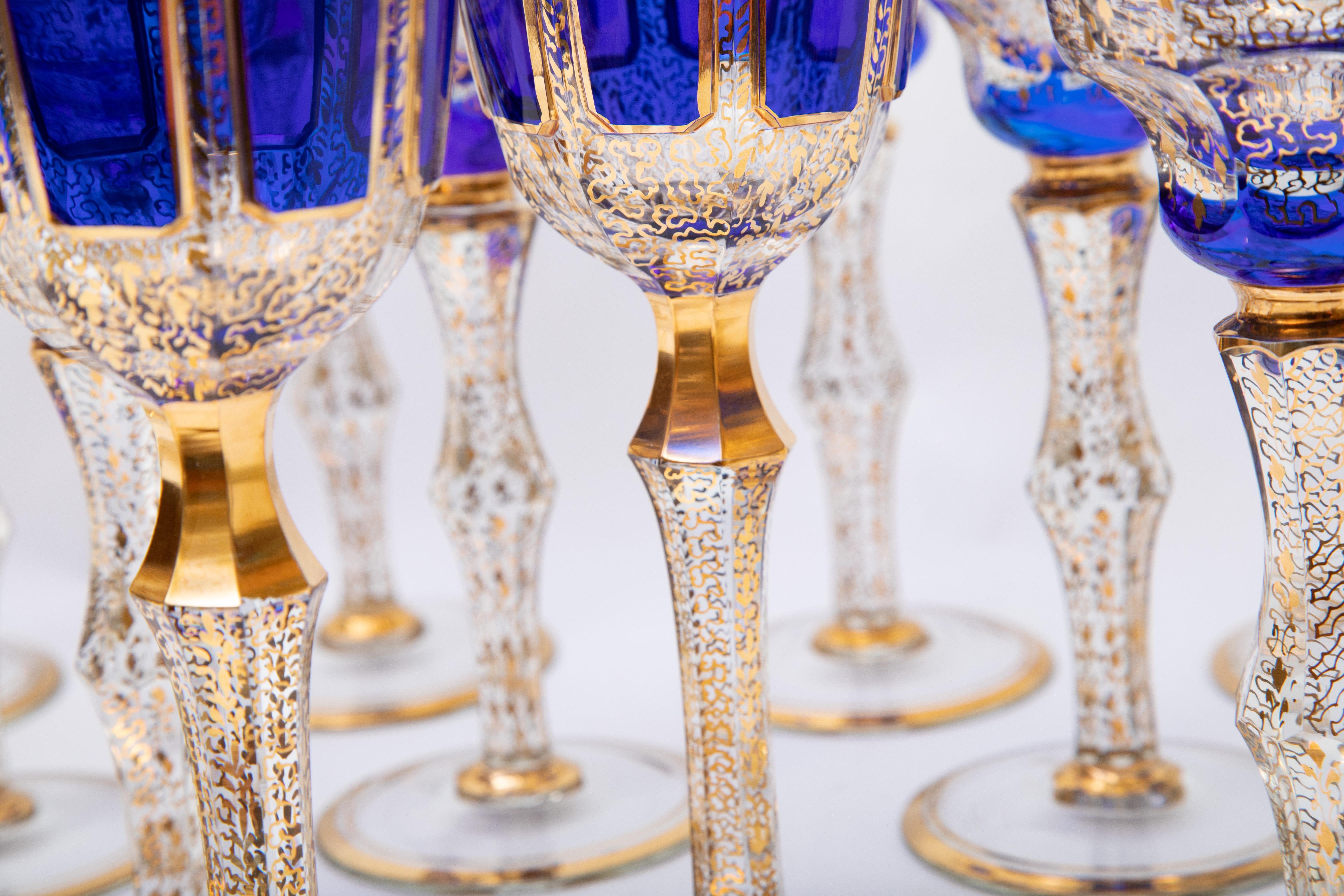 Hand-Crafted 16 Antique Cobalt Blue & Gold Tall Goblets, All Over 24 Karat Design & Trim